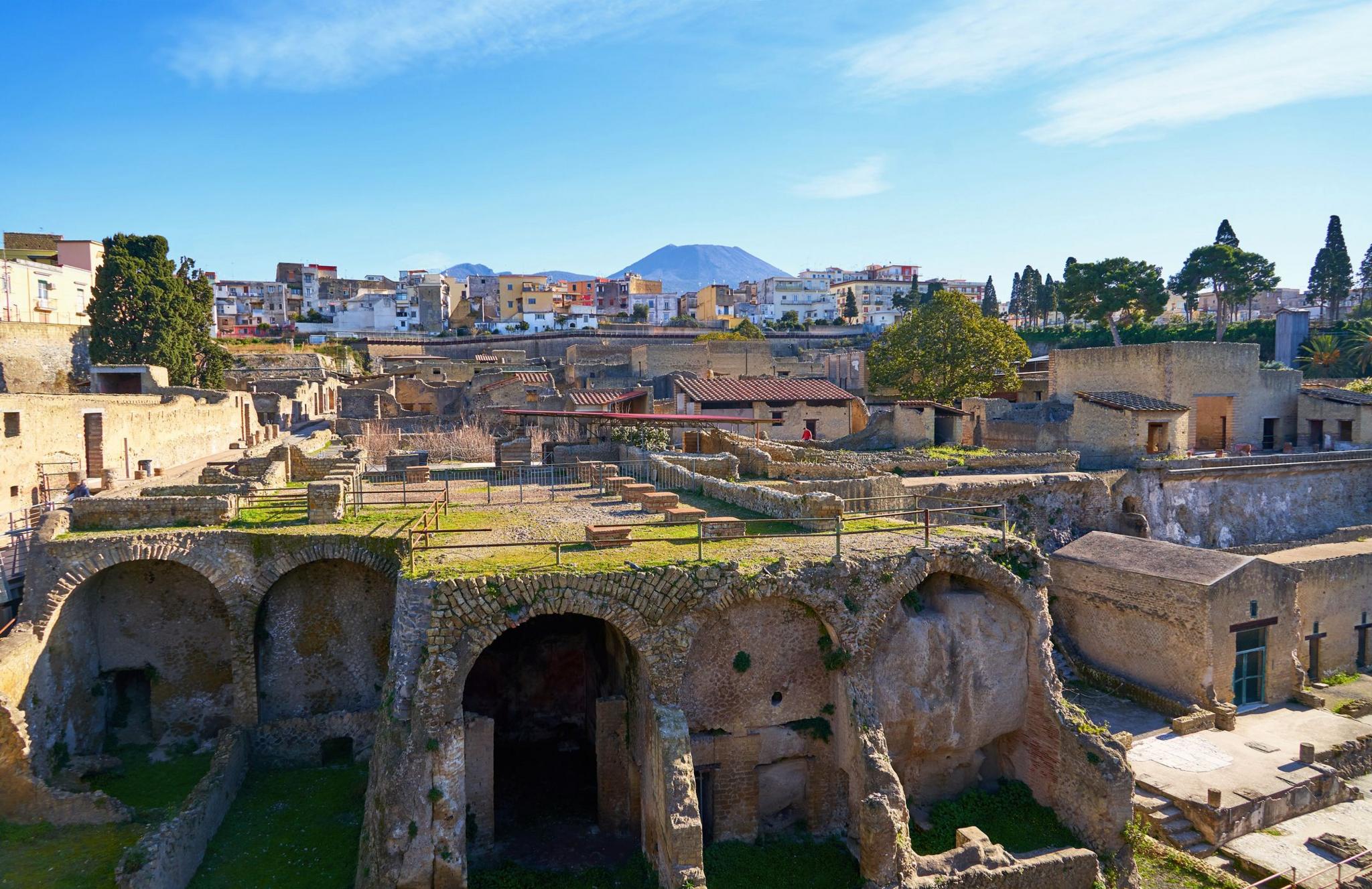 View of the archaeological excavations of Herculaneum, A UNESCO World Heritage Site, near the modern city of Naples in the Campania Region of Italy.