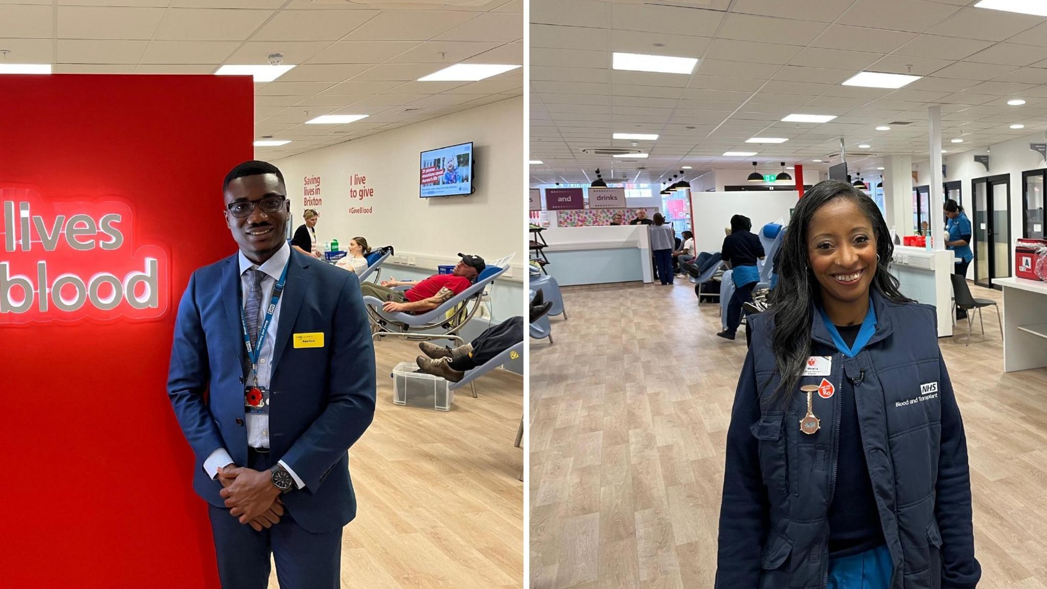 Rexford on the left is smiling at the camera, wearing a navy blue suit. He has glasses on and a black watch. He is stood in front of a large red board with the words 'lives' and 'blood' in shot. Marsha, on the right, has black long hair and is smiling at the camera. She is stood inside the new centre with people in the background. She is wearing a dark blue gilet with the words 'NHS Blood and Transplant'. 