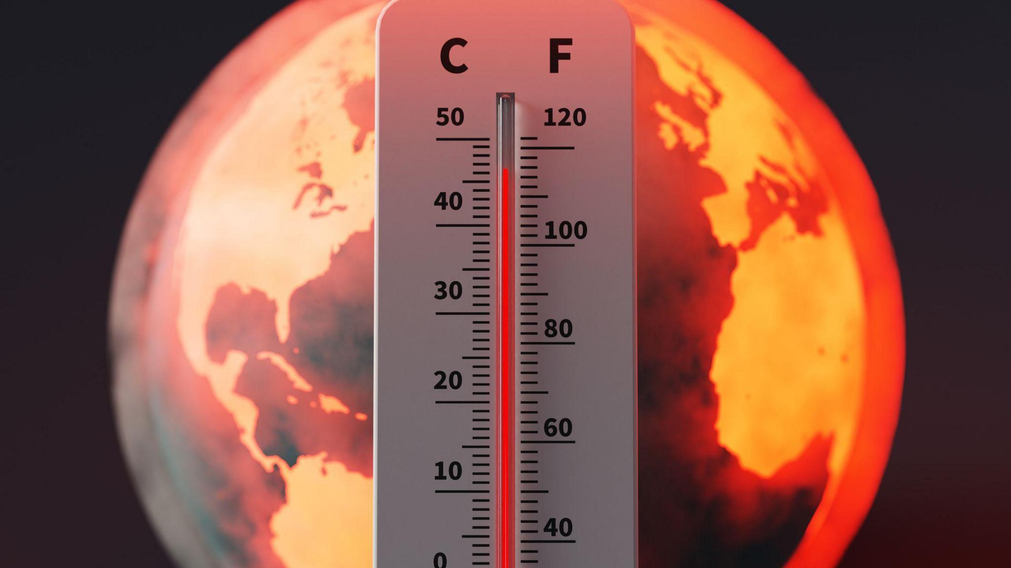 Earth experiencing extreme high temperatures and a thermometer showing high temperatures.