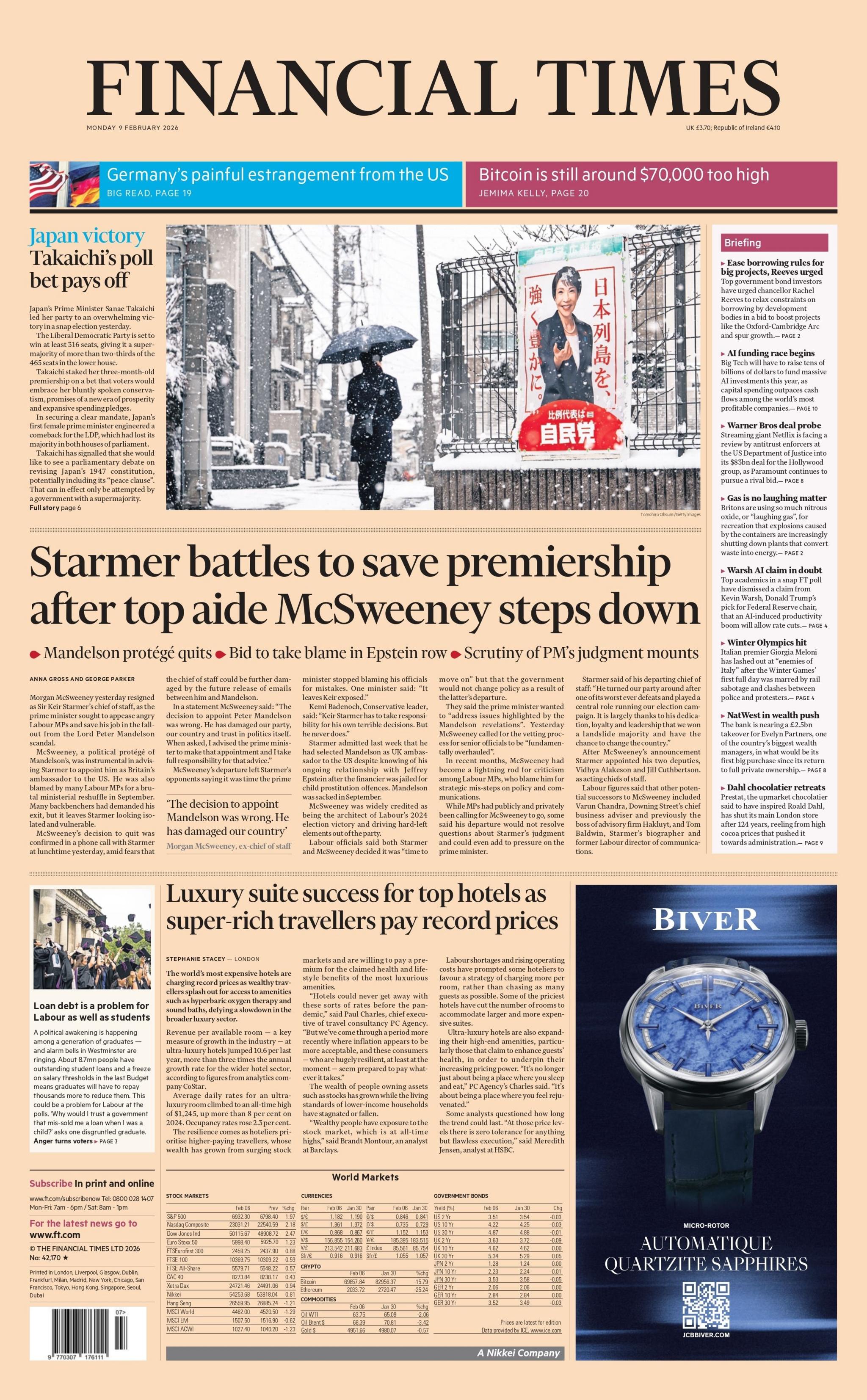 "Starmer lufton për të shpëtuar kryeministrinë pasi ndihmësi i lartë McSweeney jep dorëheqjen", shkruhet në titullin kryesor të gazetës Financial Times.