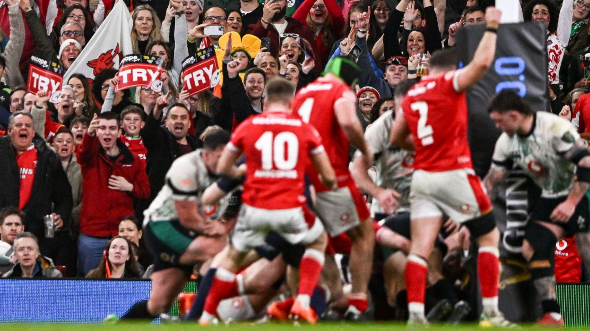 Wales players and fans celebrate a try