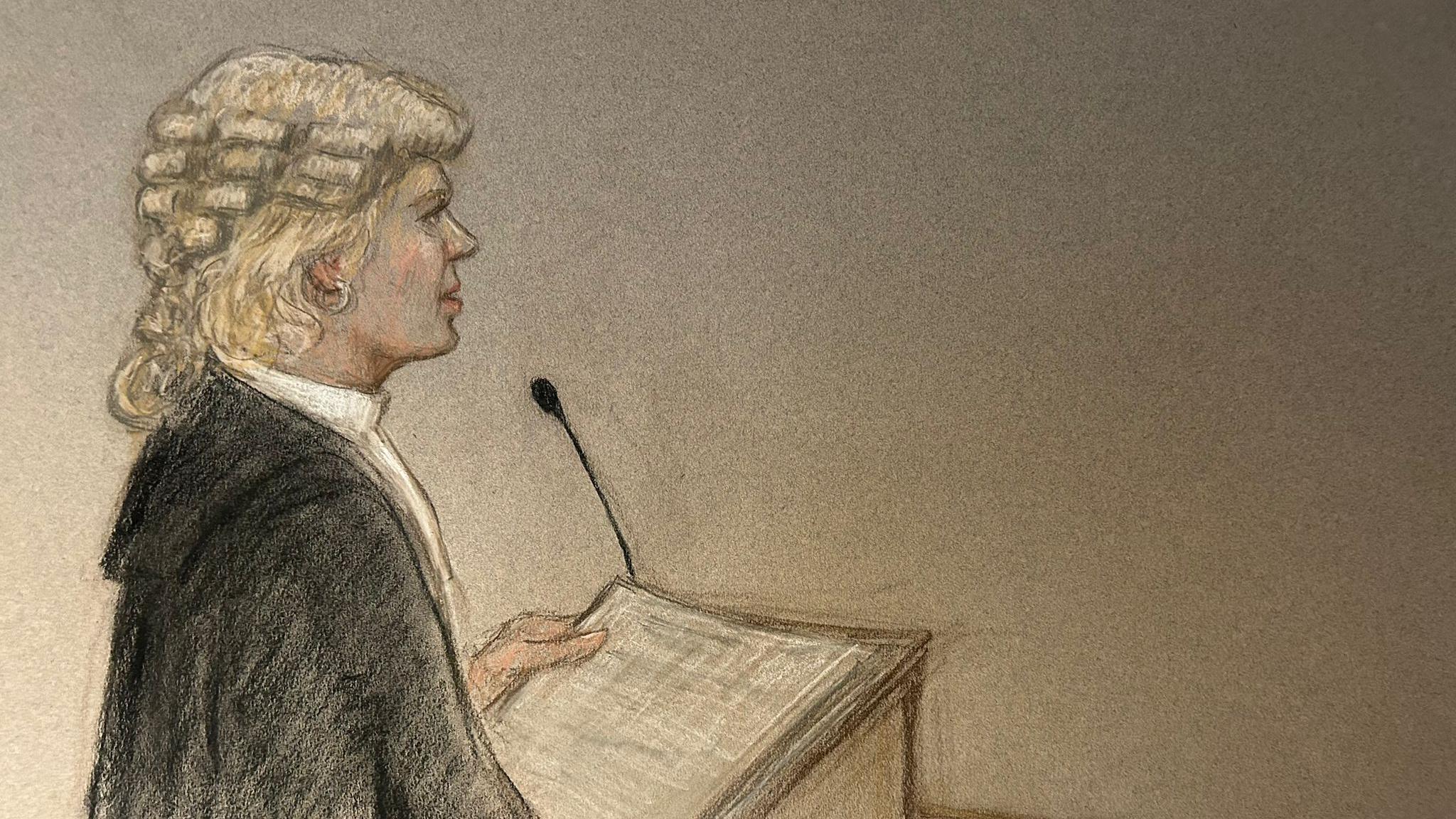 A court sketch of prosecutor Catherine Farrelly KC, a woman with short blonde hair wearing court robes and a wig, speaking to the court while holding papers