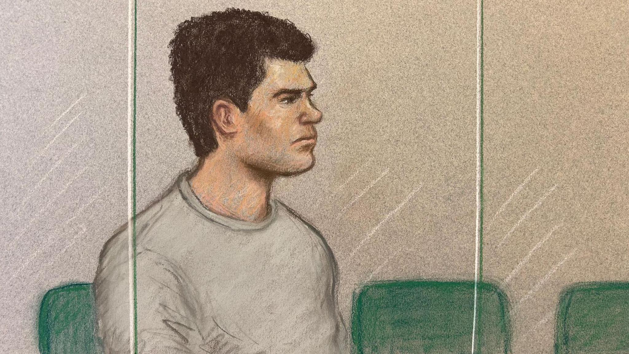 A sketch of PC Jake Cummings in court, behind a screen and sitting on a row of green chairs