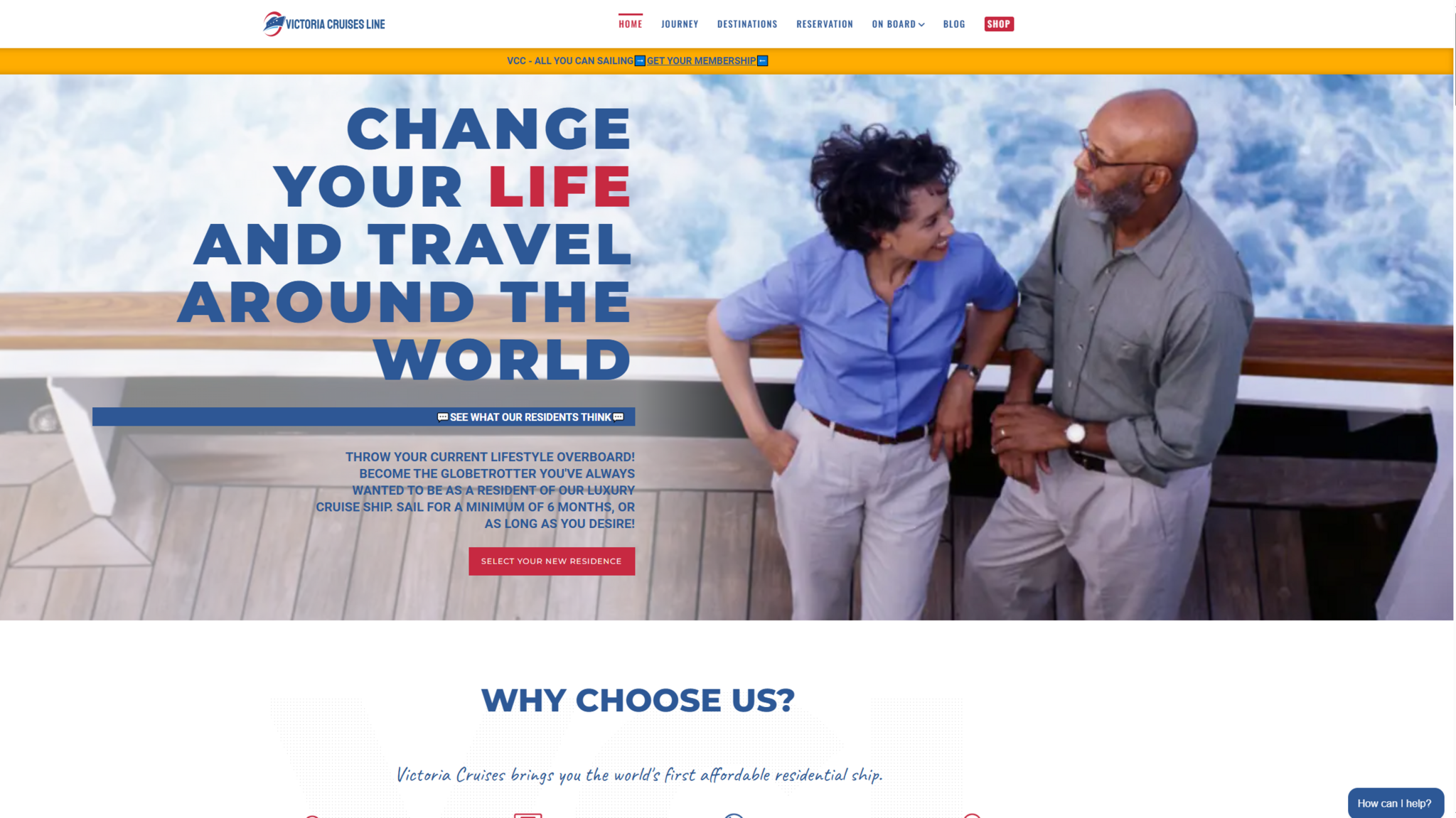 Screenshot of the website of Victoria Cruises Line advertising the cruise. It says "Change your life and travel around the world" and shows a couple standing on the deck of a ship.

