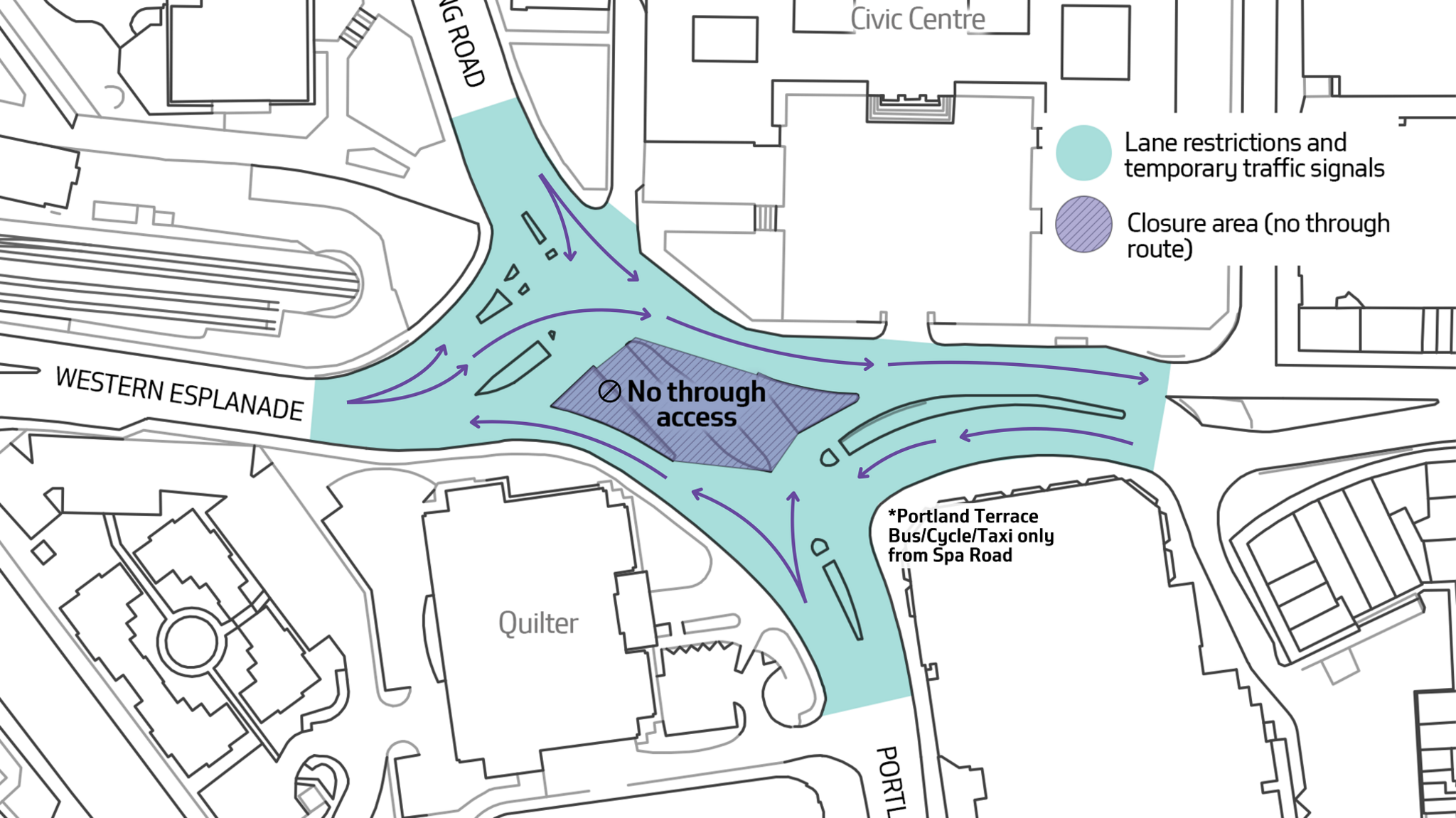 A graphic showing a birds eye view of the junction, with the closed bits shaded in purple and the restricted bits shaded in blue.