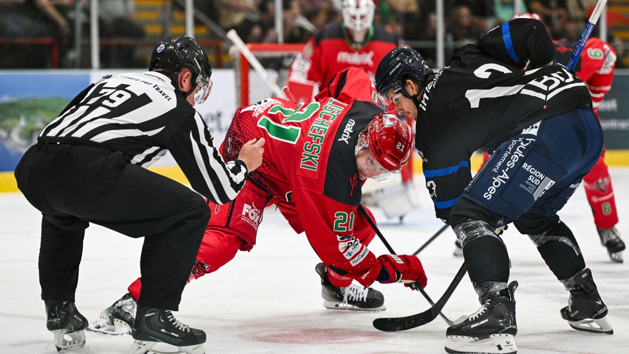 Cardiff Devils' Kohen Olischefski faces off against French side Gap Raptors in a pre-season match