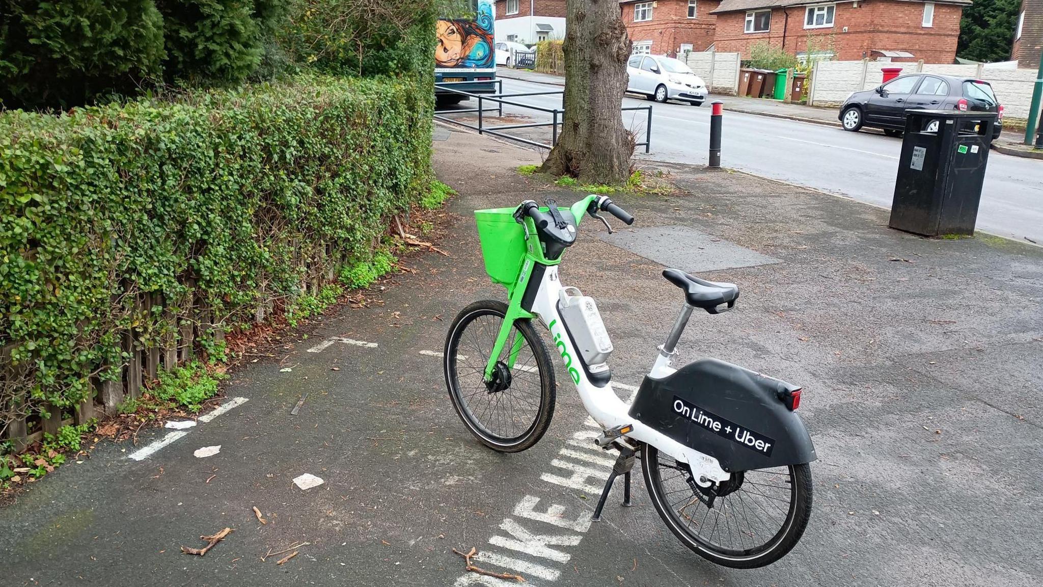 An official ebike, standing in a painted parking area, with the metal corral visible in the background