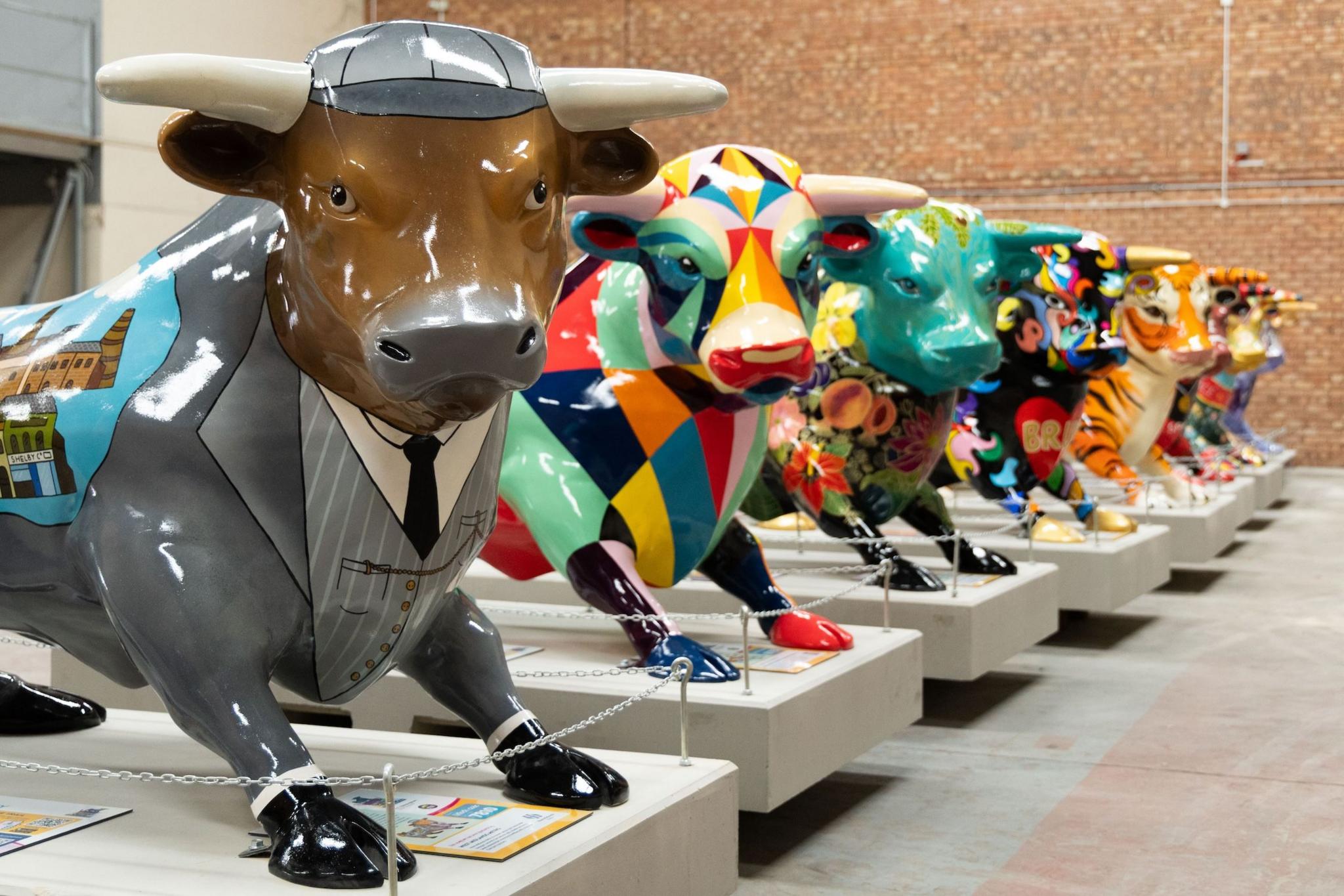Decorated bull sculptures.