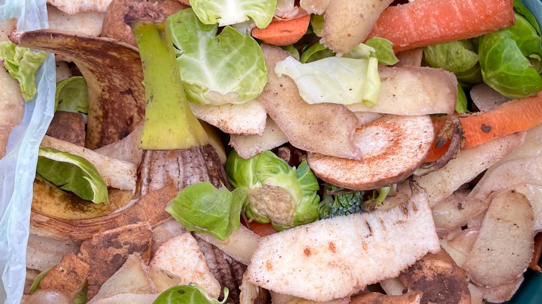 Carrot, potato, parsnip and other vegetable peelings lie in a food waste bin.