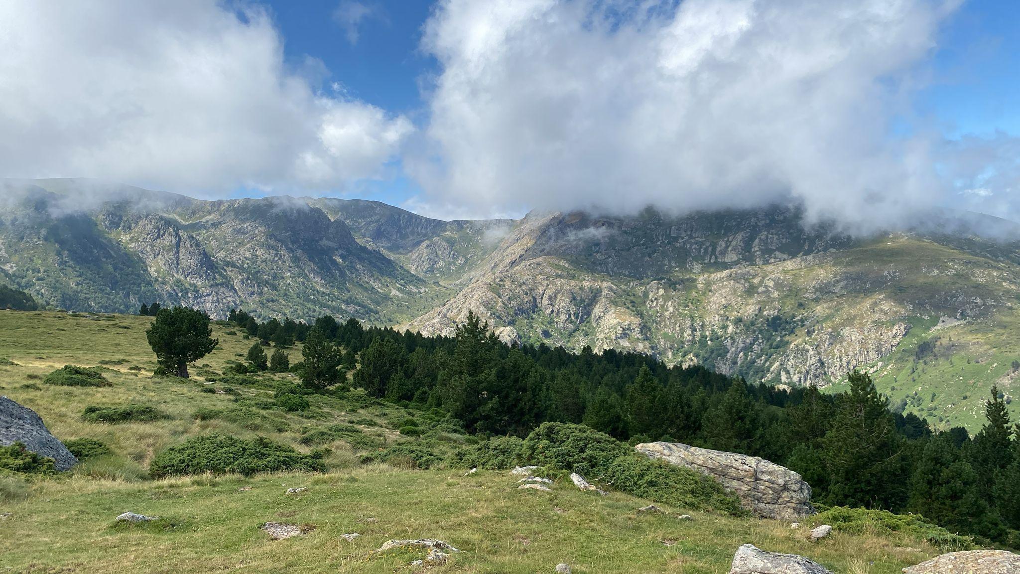 Rolling valleys, forests and clouds seen on the Pyrenees