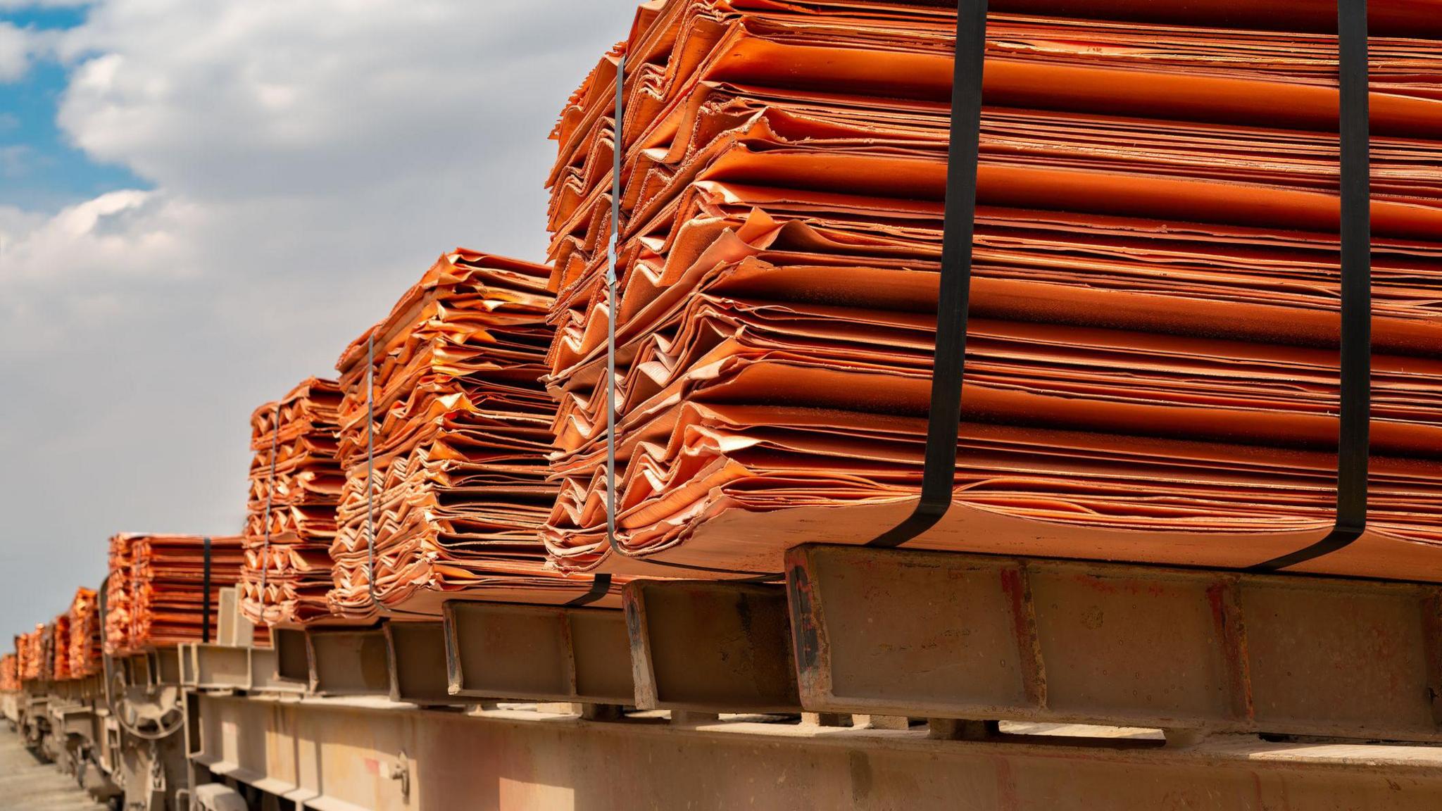 Copper cathodes loaded on a train in a copper mine ready to be delivered, Chile