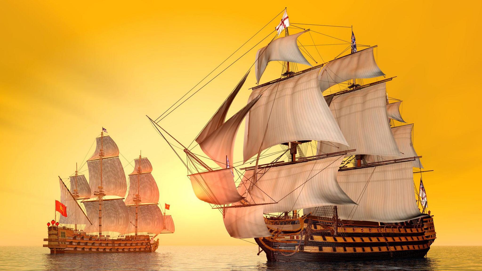 Computer generated 3D illustration with the British Flagship HMS Victory and a French Warship.