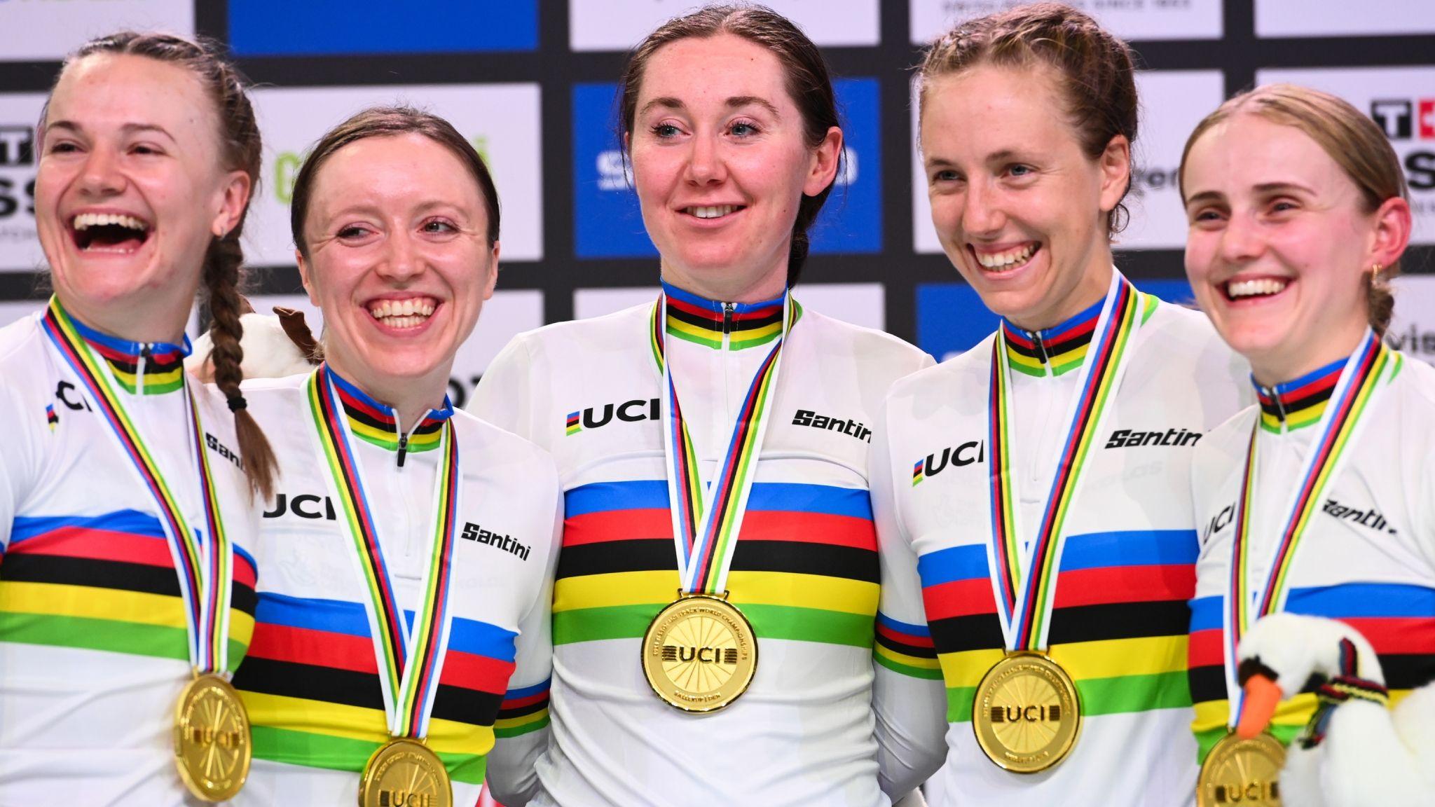 Anna Morris, Katie Archibald, Josie Knight, Megan Barker and Jessica Roberts smiling on the podium with gold medals around their necks