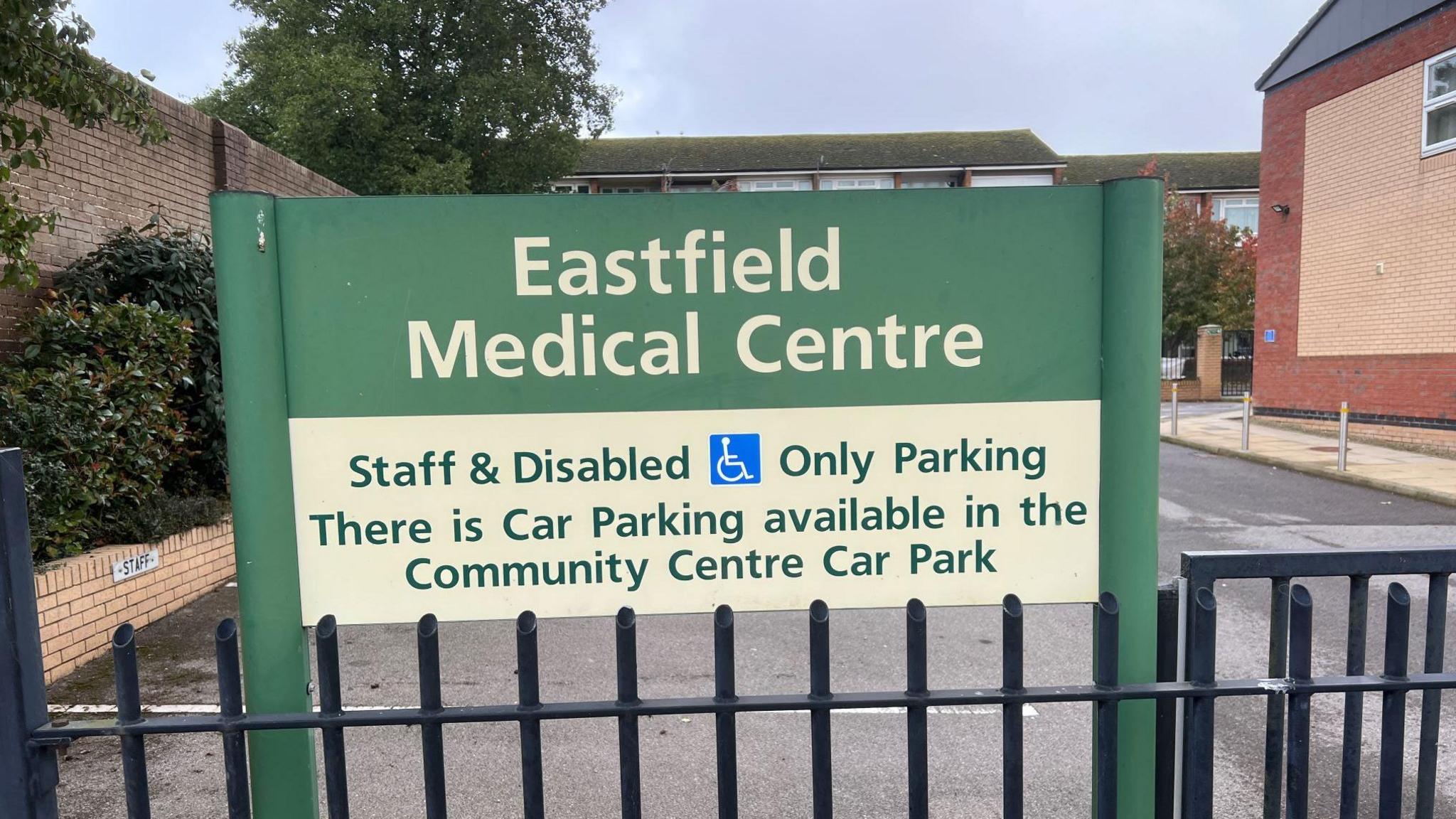 A green and cream coloured sign outside Scarborough's Eastfield Medical Centre.