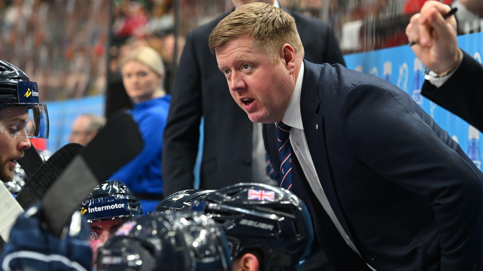 GB head coach Pete Russell on the bench during their Ice Hockey World Championship 2024 game against Canada