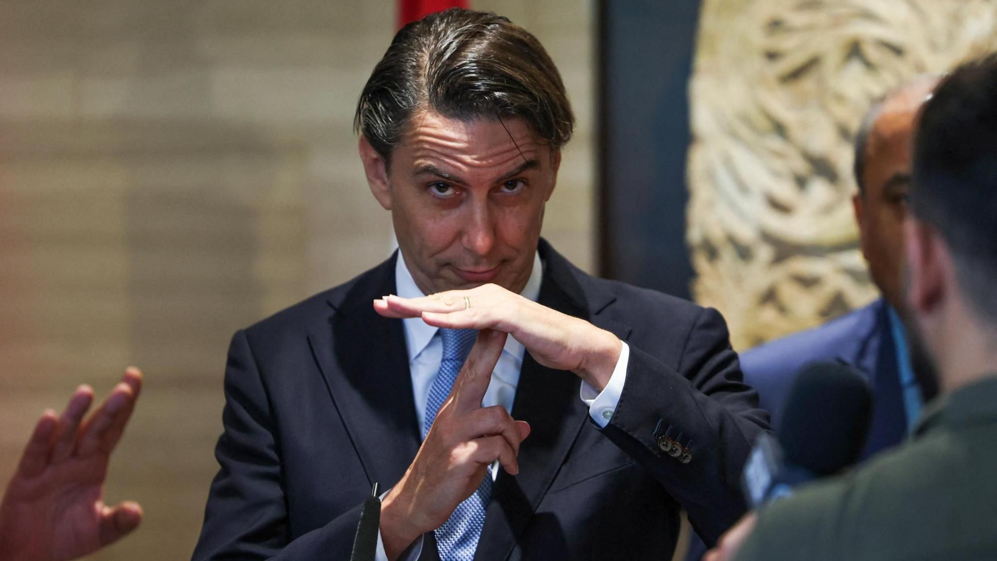 US envoy Amos Hochstein gestures as he attends a press conference after meeting Lebanese Parliamentary Speaker Nabih Berri in Beirut, Lebanon (14 August 2024)