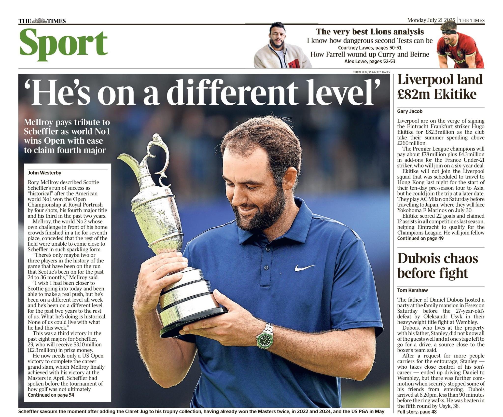 The back page of Monday's Times newspaper