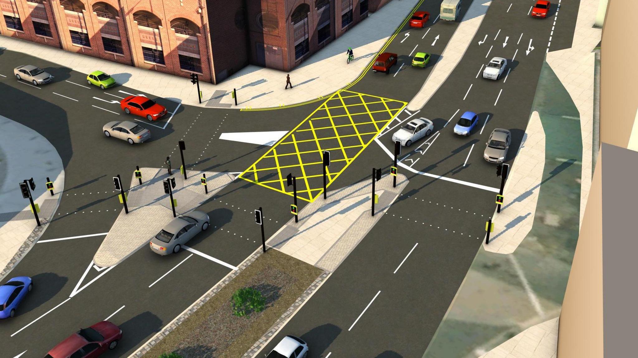 A CGI of how the new road layout will look. Traffic lights are present to allow people to cross in both directions of the main road. Yellow criss-crossed lines representing the box junction also remain on the road.