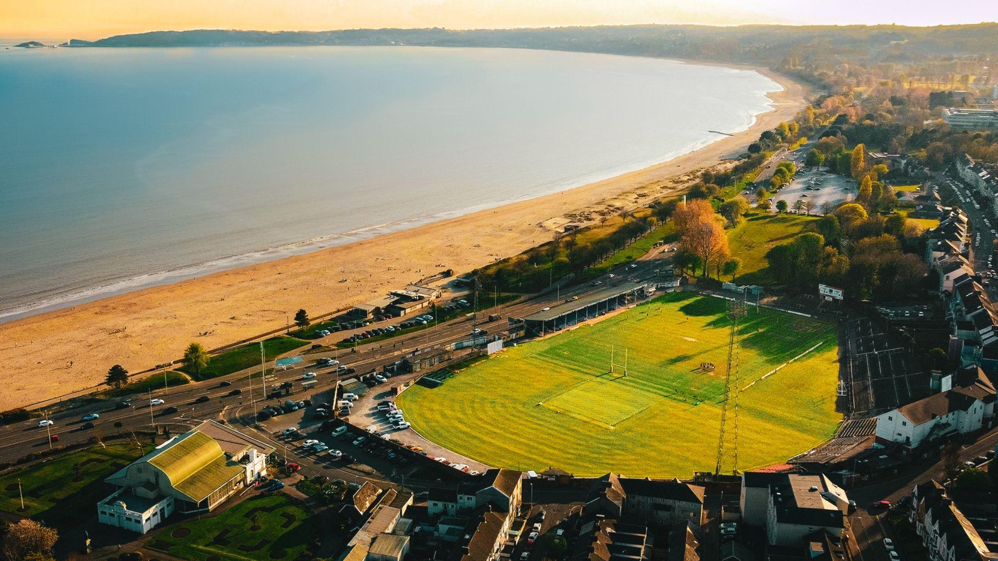 Aerial view of St Helen's rugby ground and Swansea Bay