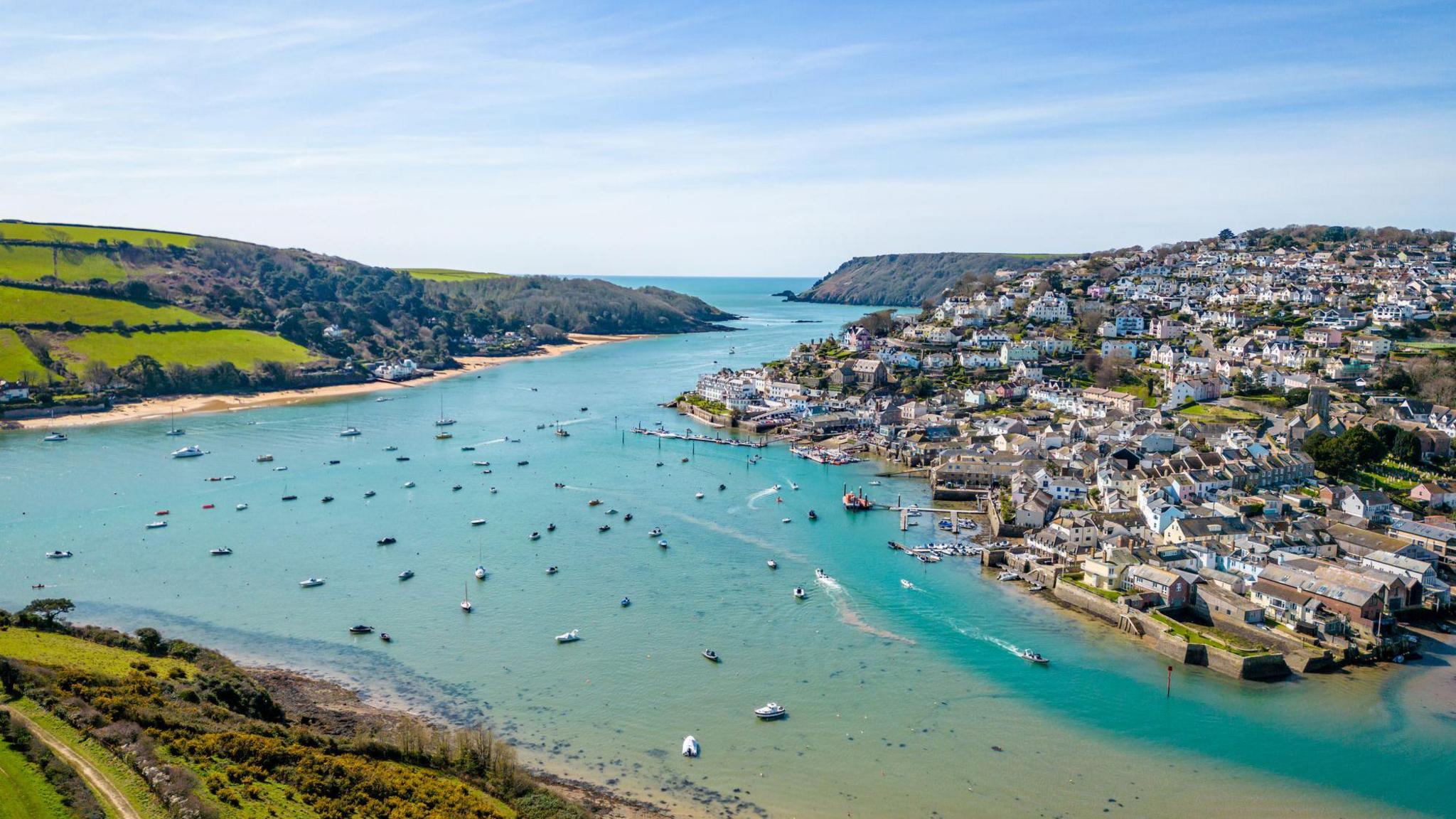 Aerial view of the estuary and houses at Salcombe