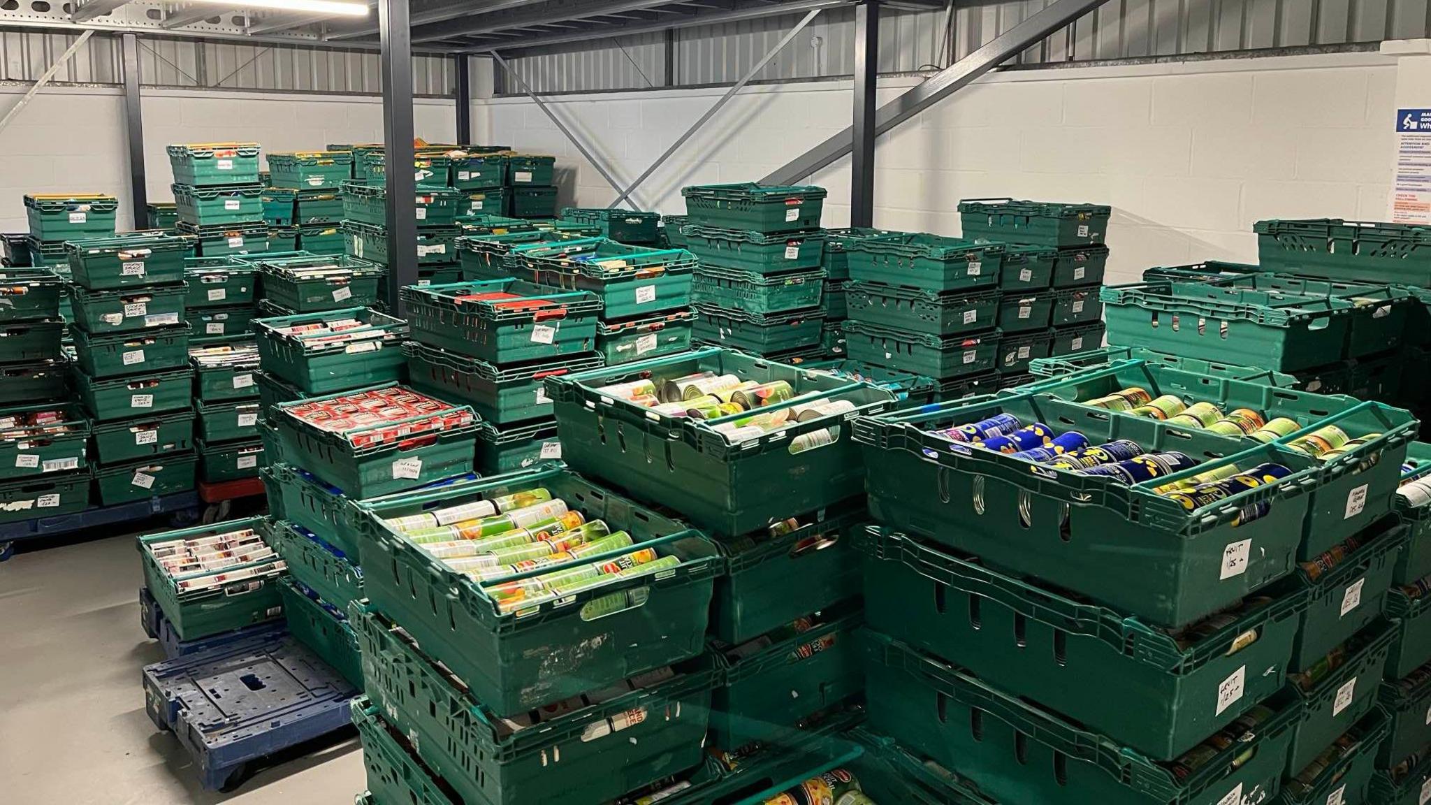 Boxes of donations at the foodbank warehouse