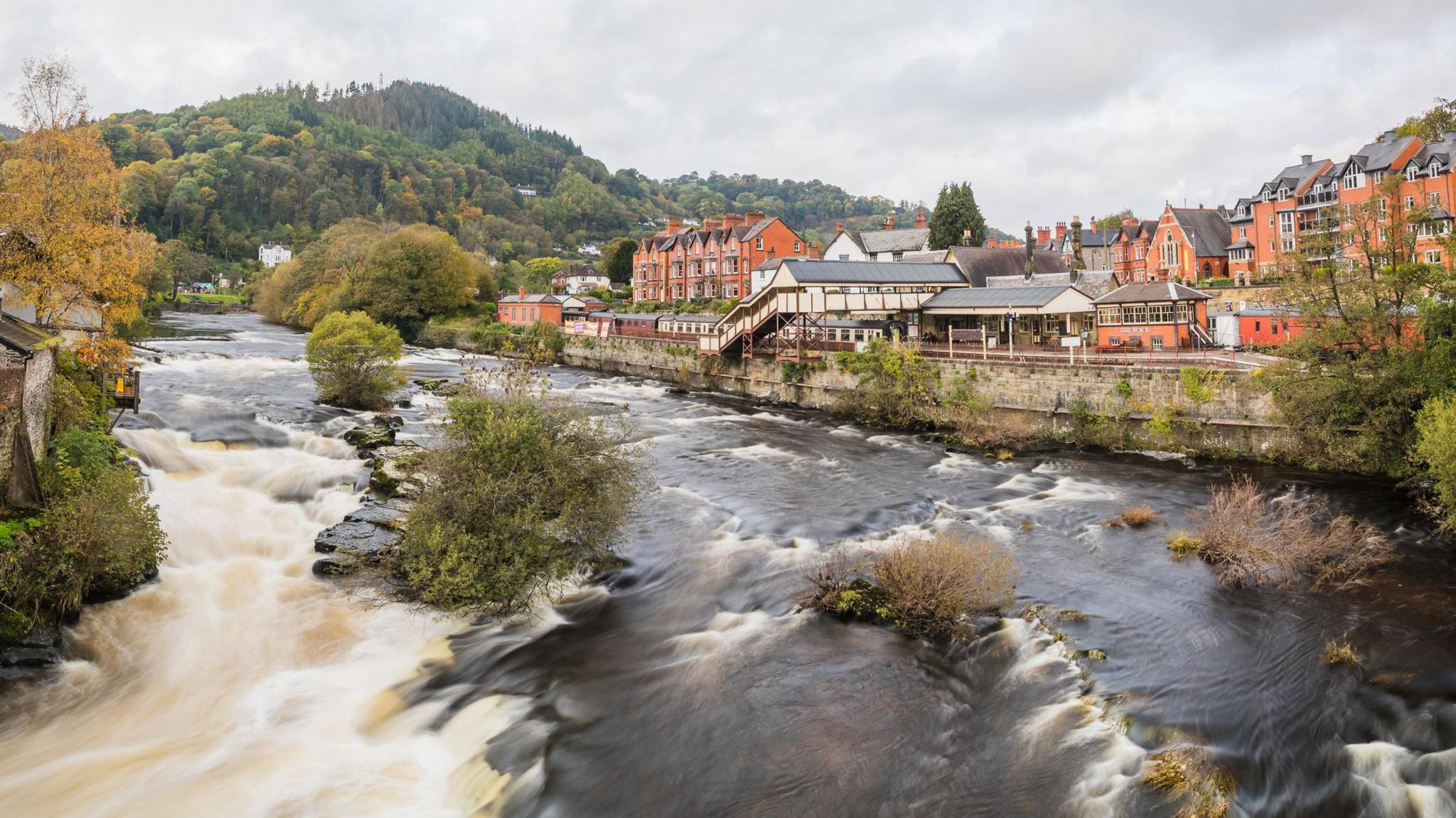 Fast flowing wide river, with white foam, behind it Llangollen town, including its heritage train station