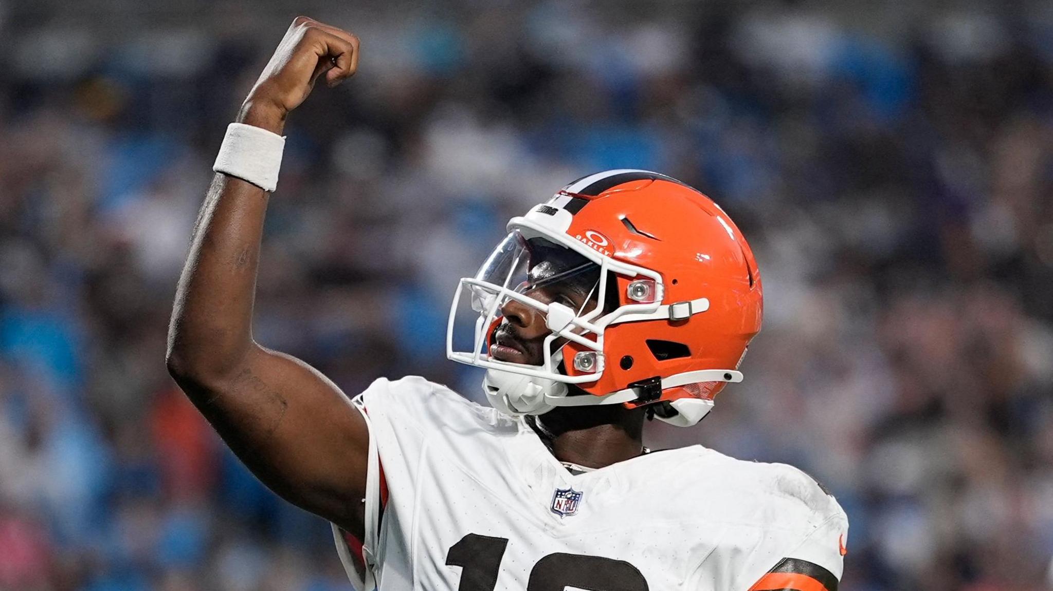 Shedeur Sanders celebrates during the Cleveland Browns' pre-season game with the Carolina Panthers in 2025