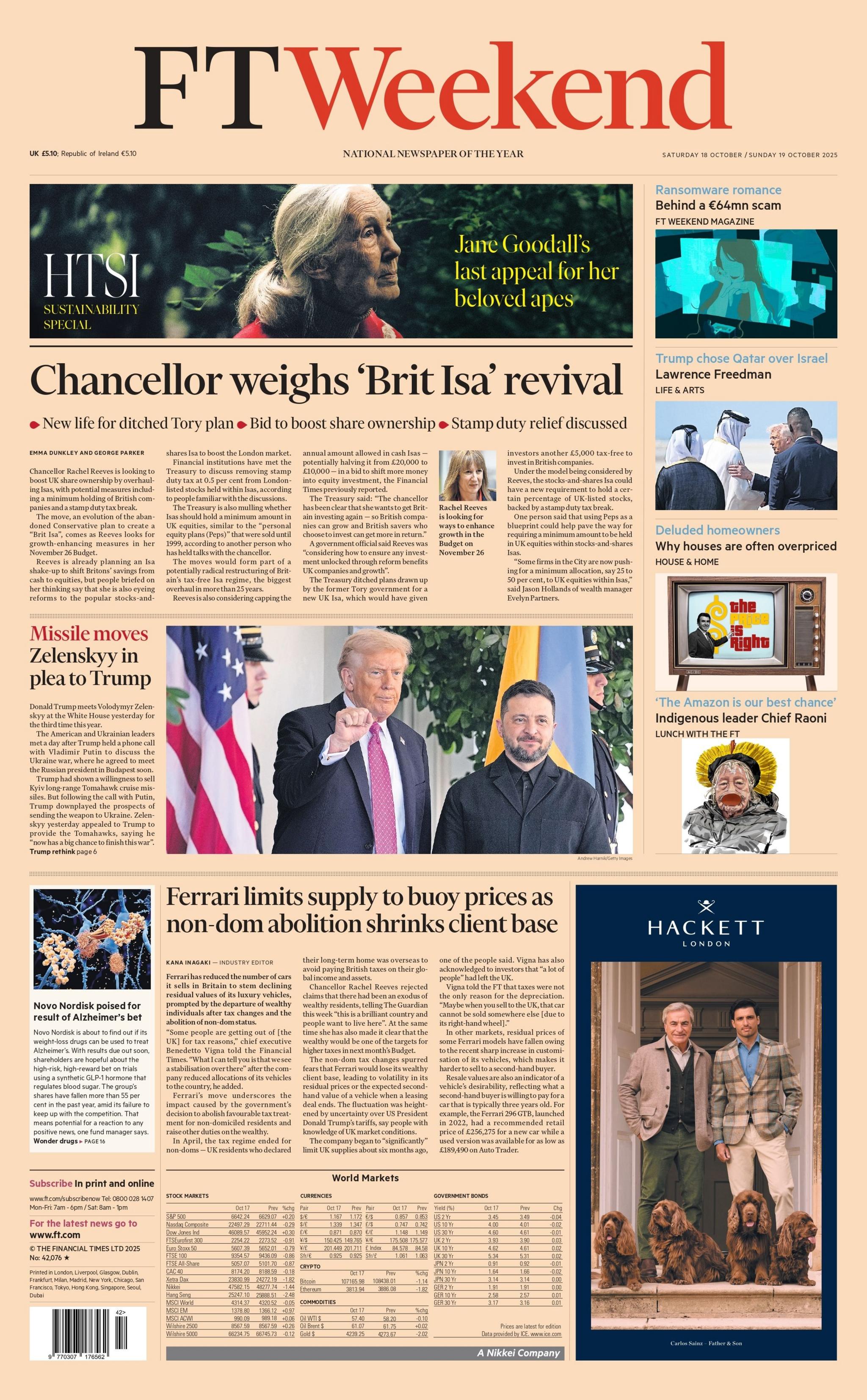The headline on the front page of the Financial Times reads: "Missile moves Zelensky in plea to Trump".