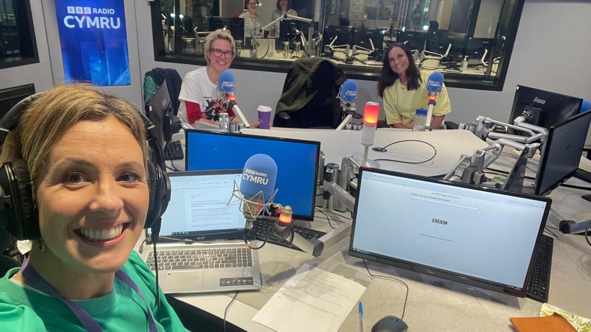 Mari in the radio studio at BBC Wales recording her podcast