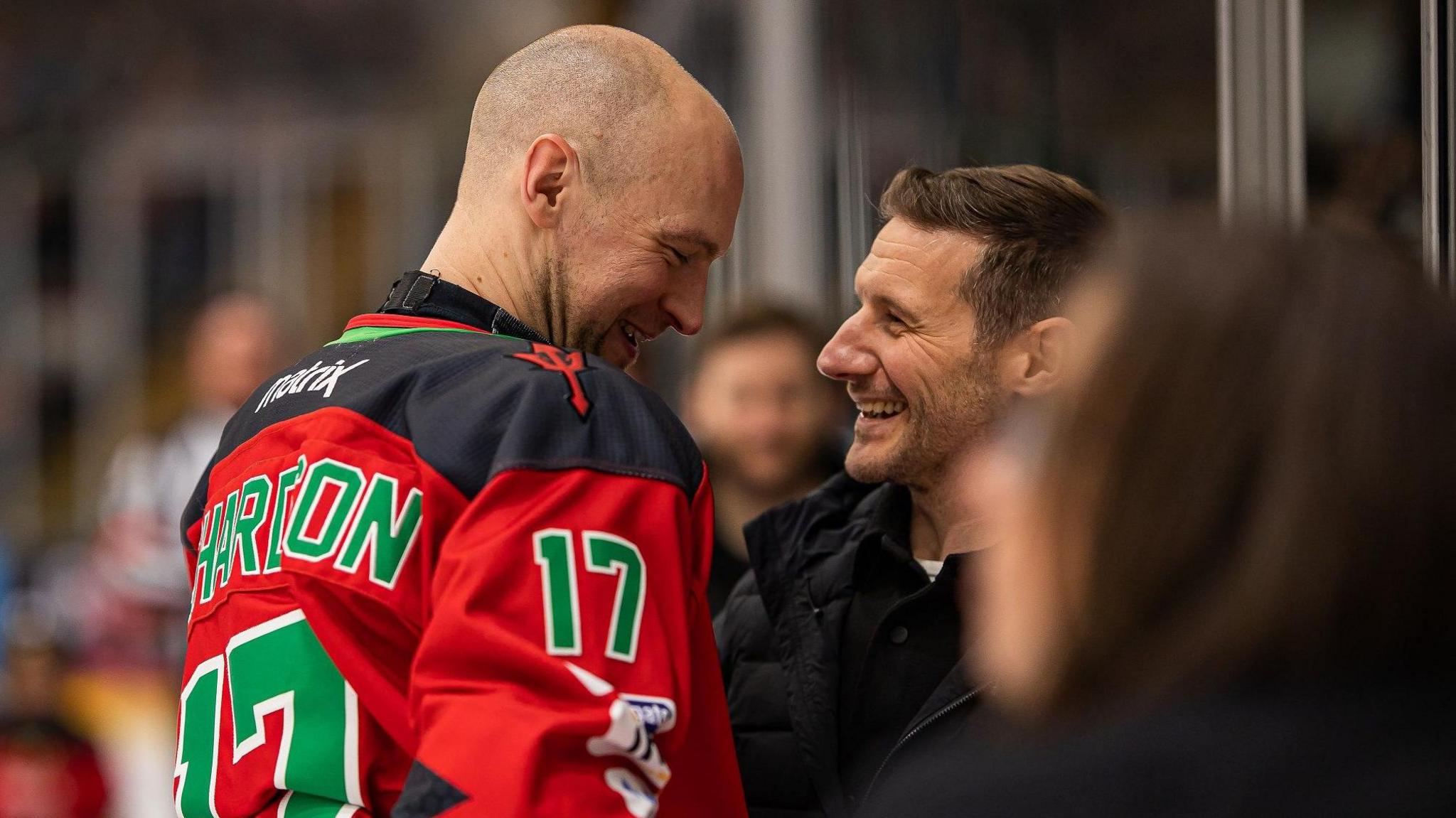 Jonathan Phillips congratulates Mark Richardson at the Vindico Arena