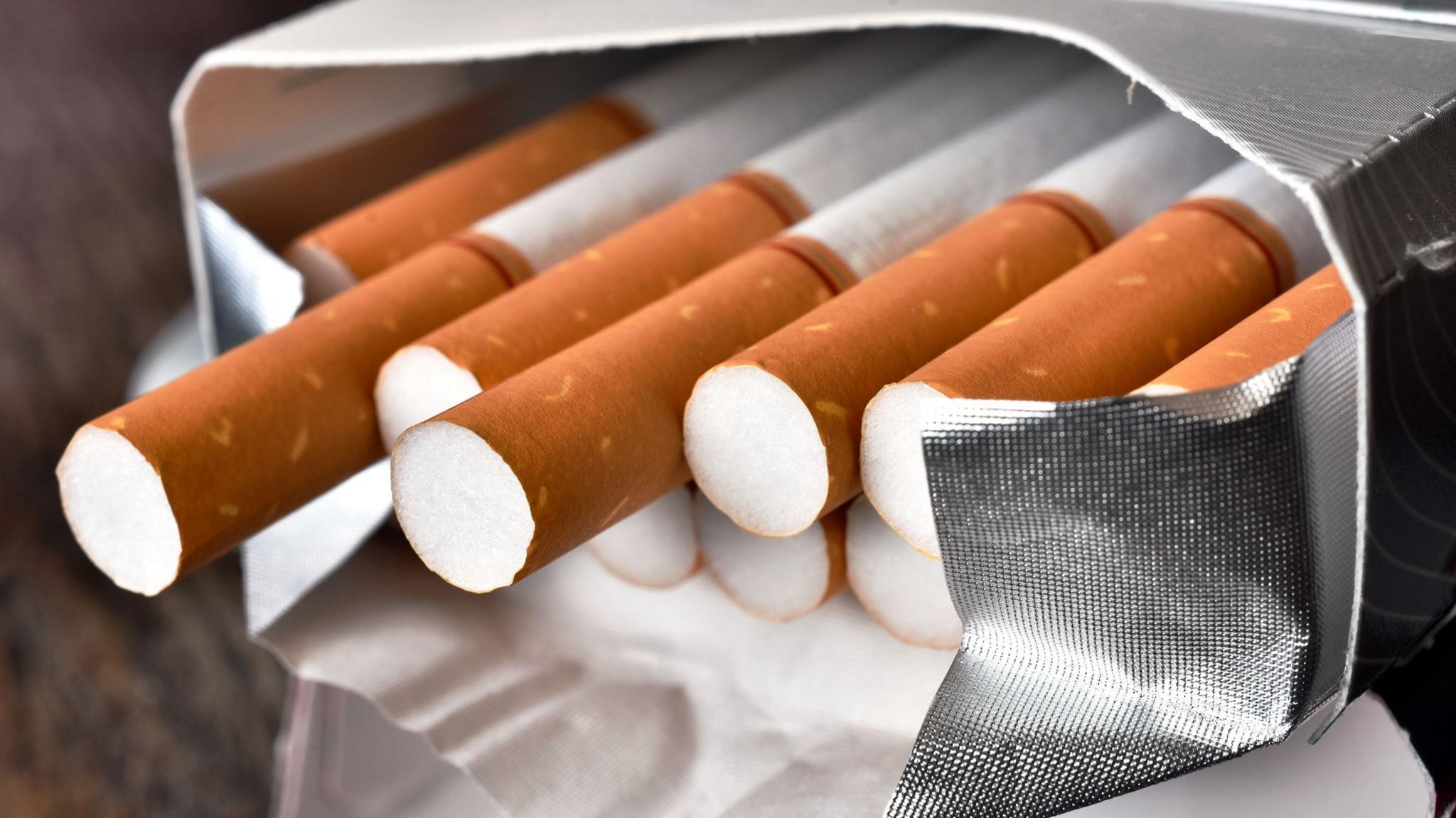 A close up image of an open package of manufactured cigarettes.