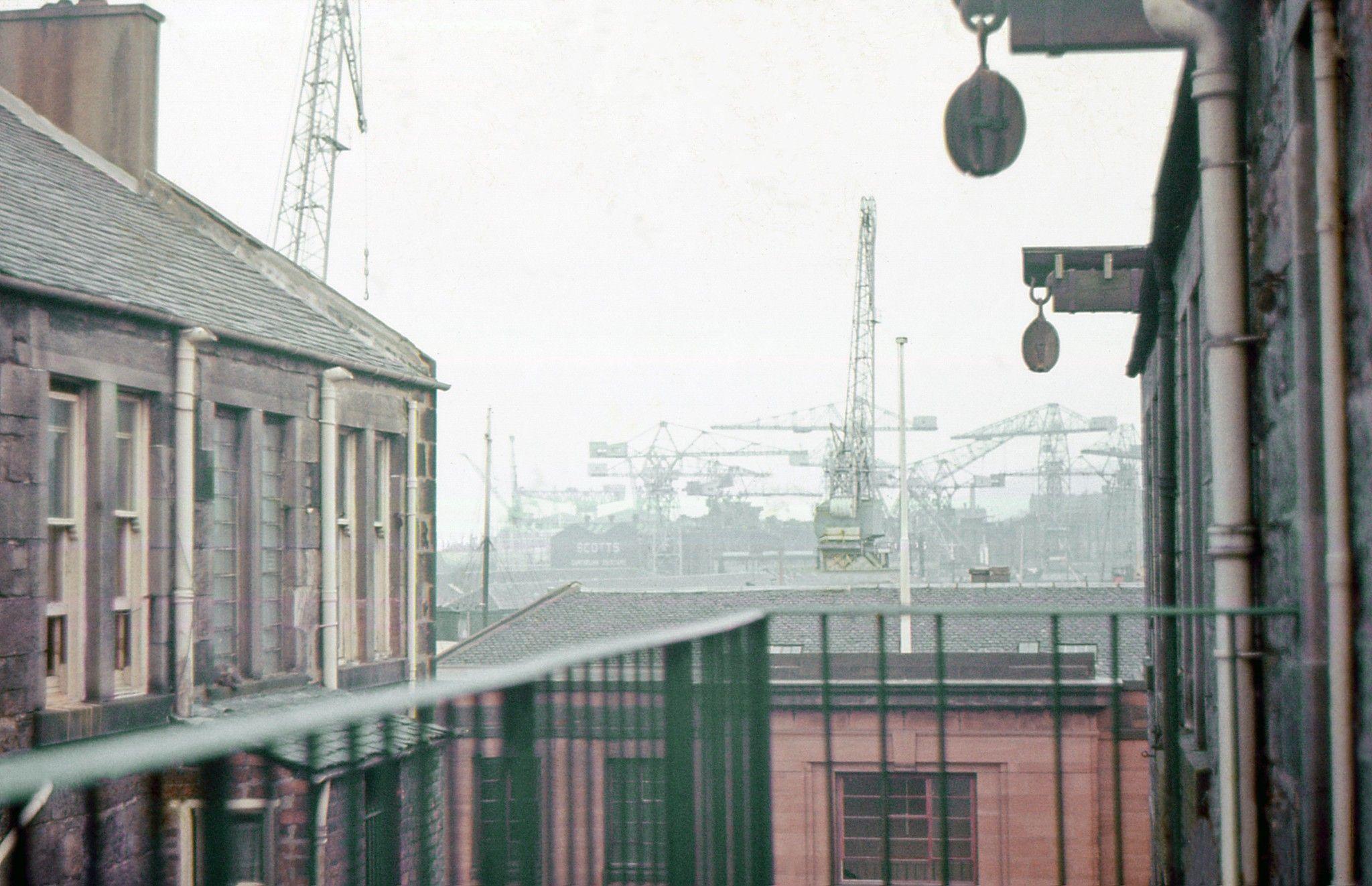A view of the Greenock waterfront in 1971, taken from Brymner Street with many cranes visible in the distance