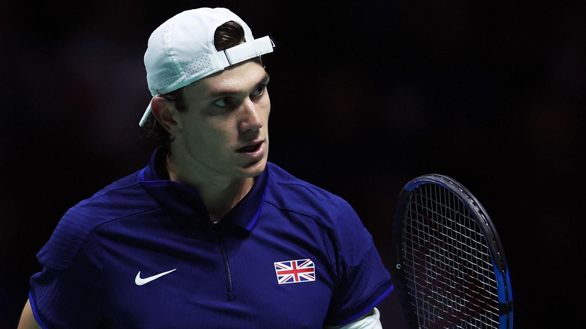 Jack Draper shakes his racquet while paying for Great Britain in the 2024 Davis Cup