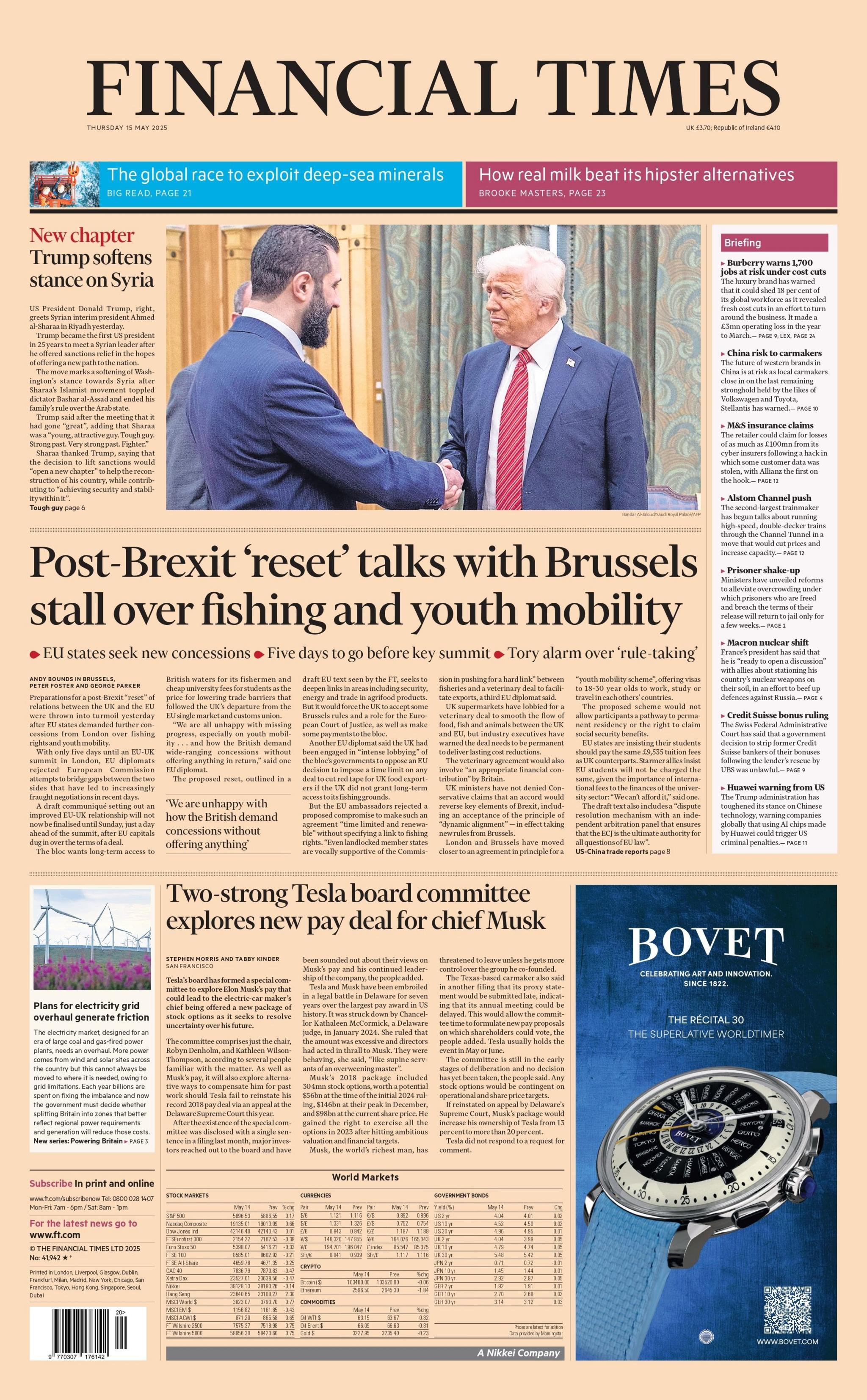 The headline on the front page of the Financial Times reads: "Post-Brexit 'reset' talks with Brussels stall over fishing and youth mobility".