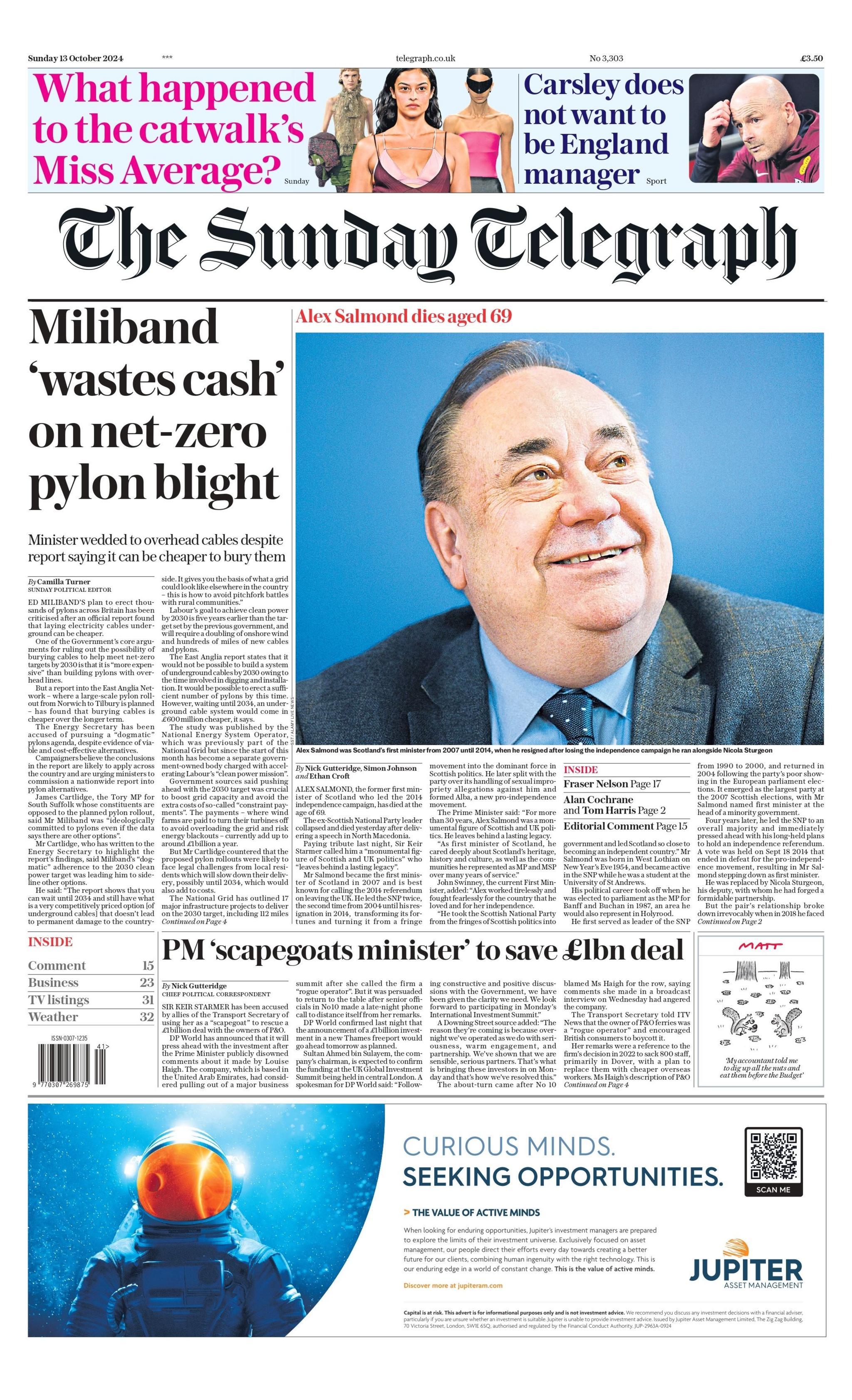 The front page of the Sunday Telegraph has a headline which reads "Miliband 'wastes cash' on net-zero pylon blight"