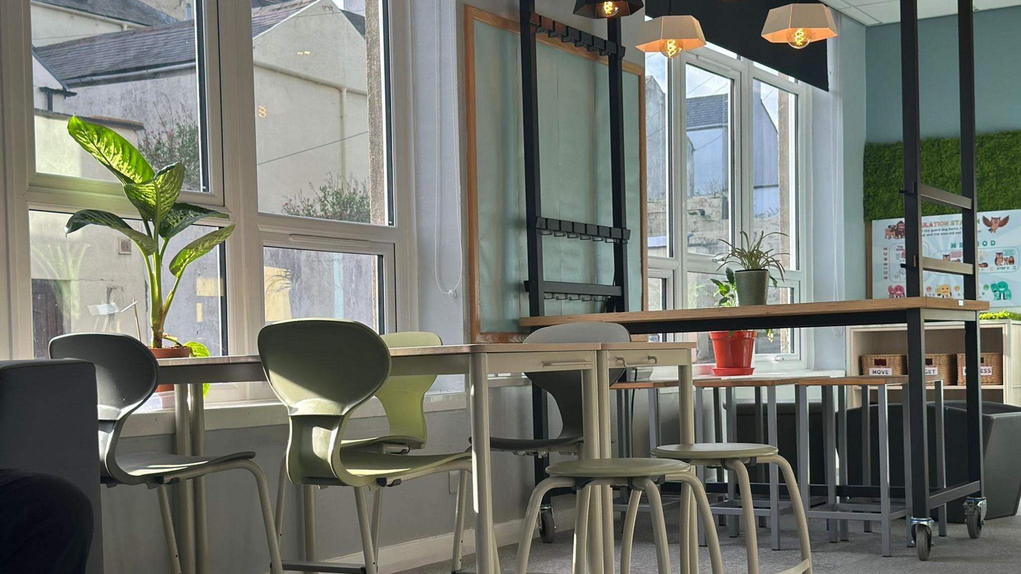 A close up of some of the tables, there are large windows and plants.