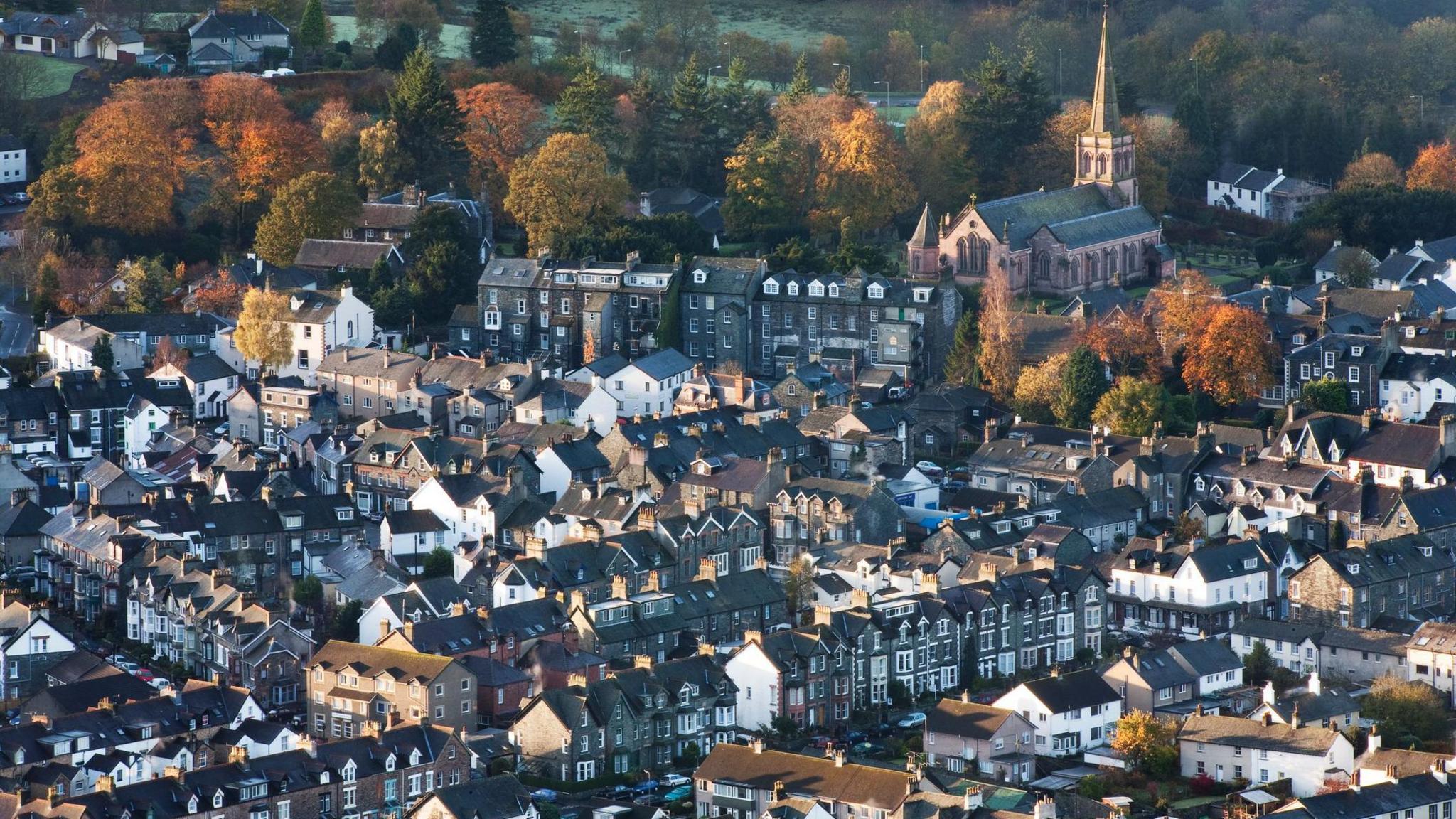 An aerial image showing the town of Keswick from above.