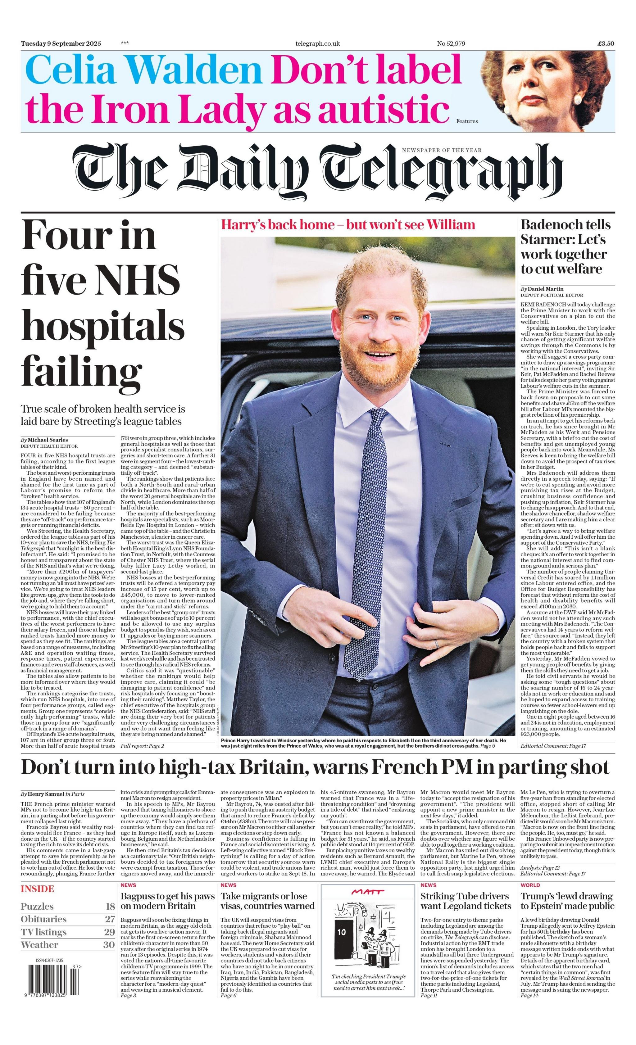The headline on the front page of Daily Telegraph reads: "Four in five NHS hospitals failing".