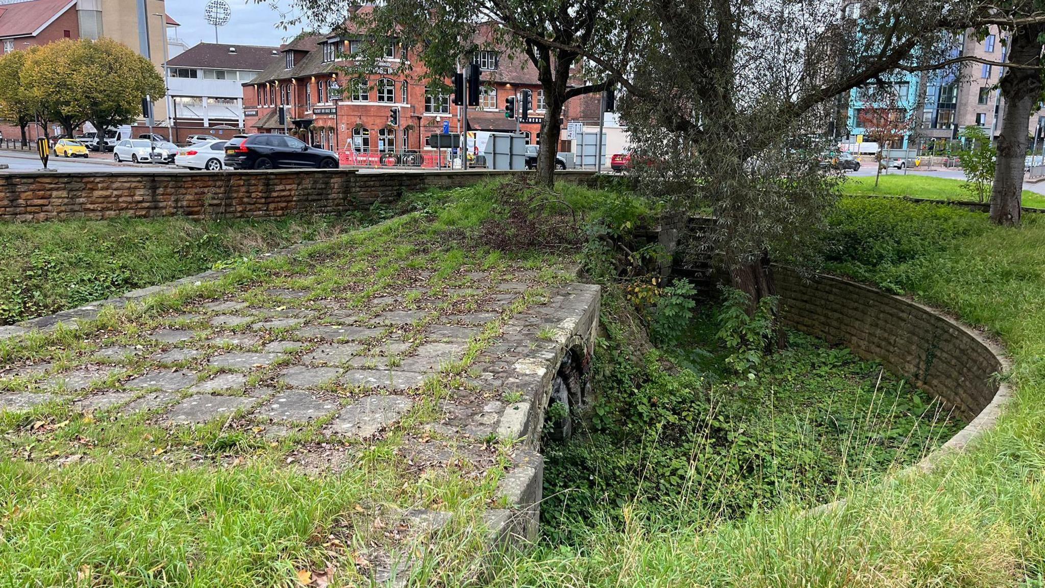 The overgrown and mossy ruins of the old Trent Bridge