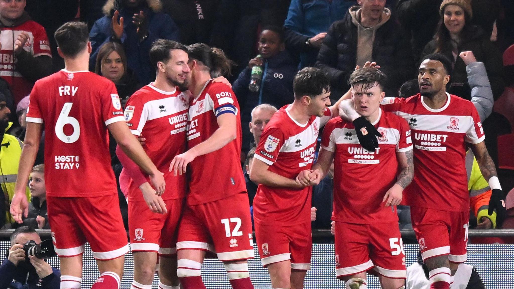 Ben Doak celebrates his stunning second goal for Boro against West Bromwich Albion at the Riverside 