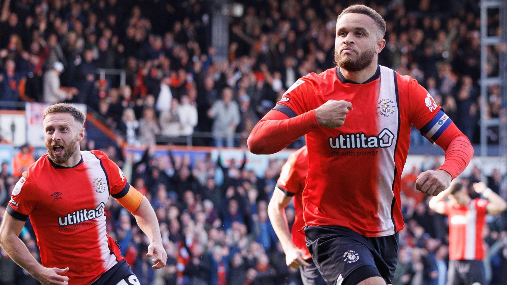 Carlton Morris celebrates scoring for Luton Town against Watford