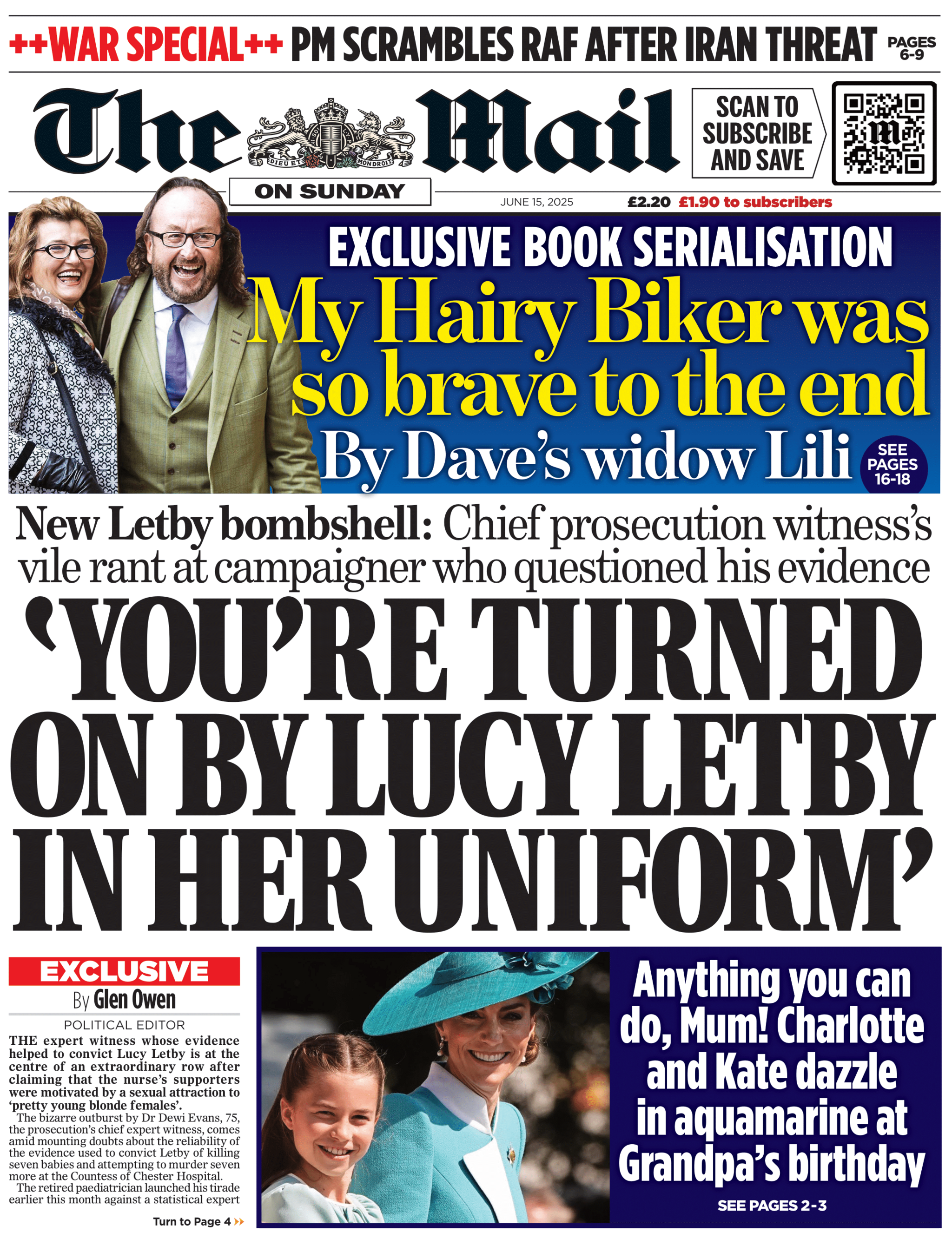 The front page of the Mail on Sunday. The headline reads "You're turned on by Lucy Lebty in her uniform". Separately, an image of Catherine and Charlotte features.