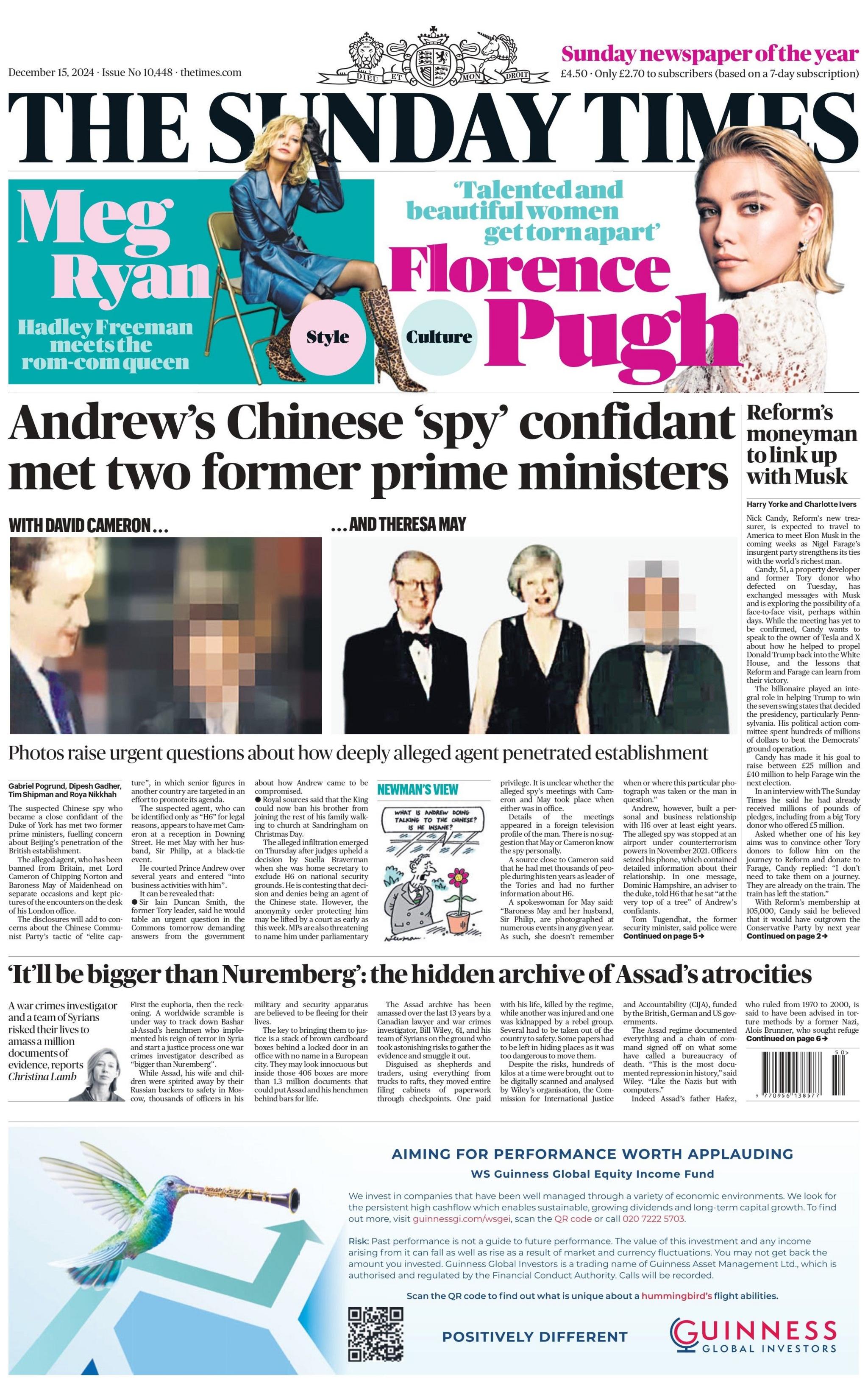 The Times front page is headlined with "Andrew's Chinese 'spy' confidant met two former prime ministers". 