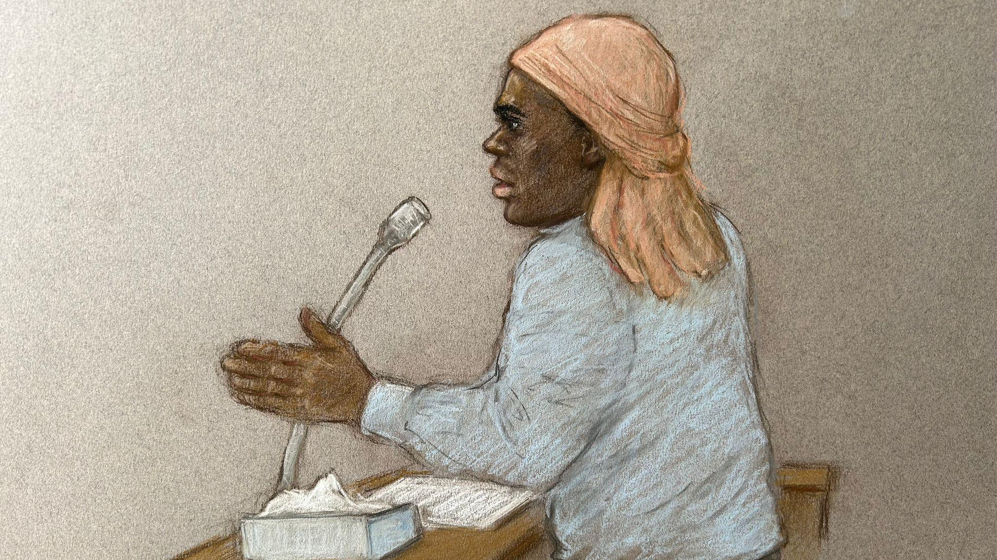 A court sketch of Mark Gordon, wearing a pale shirt and an orange head covering, speaking into a microphone as he gives evidence