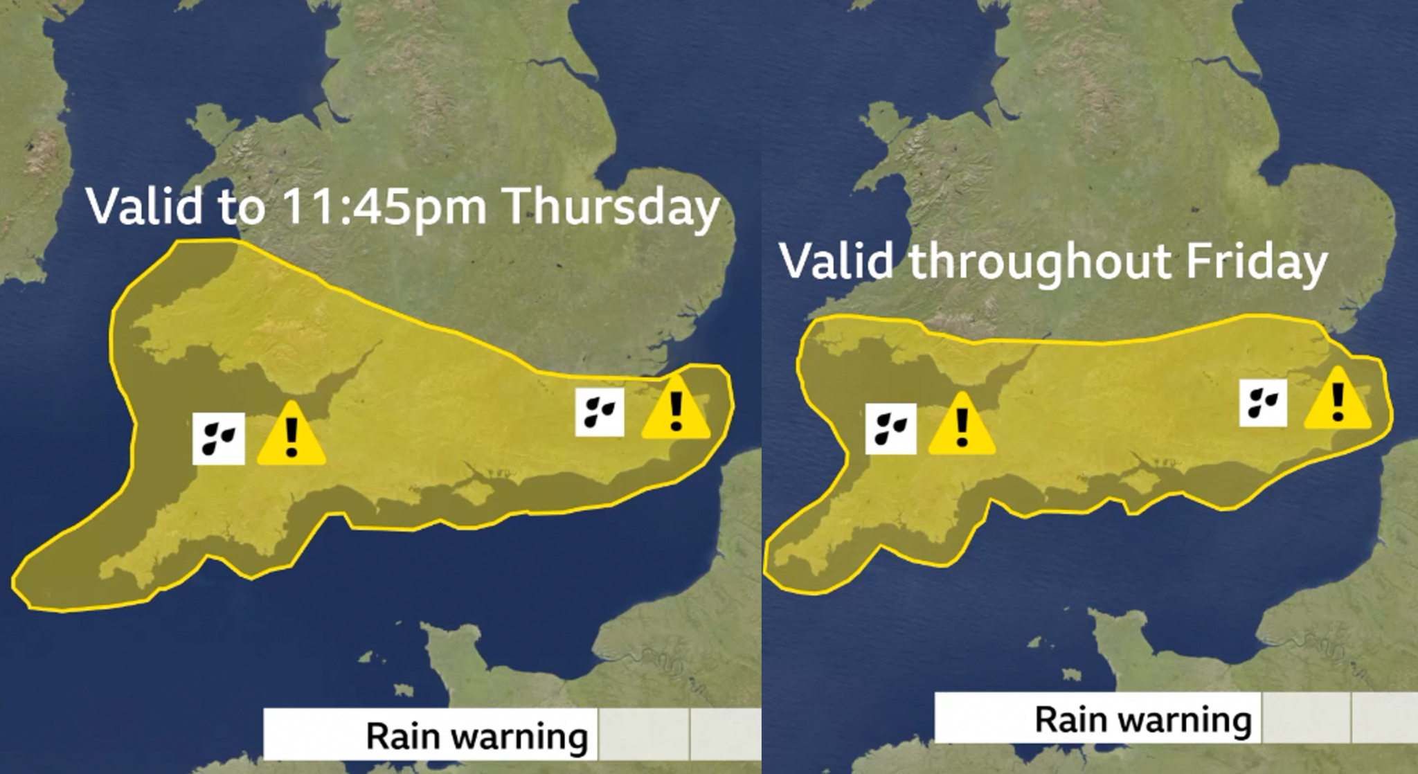 Two 鶹Լ weather maps side by side showing the areas for a yellow warning.  On the left, heavy rain warning from Wednesday night and Thursday morning.  Yellow warning covers south Wales and most of southern England.  On the right, the yellow weather warning for Friday covering south Wales and southern England.