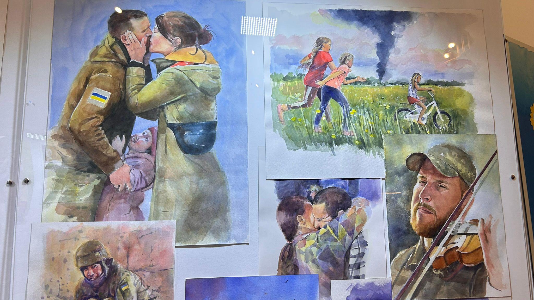 A selection of Louise Pasterfied's portraits, including a woman kissing a man in uniform, children running and cycling through a field, a man playing the violin and a couple hugging. 