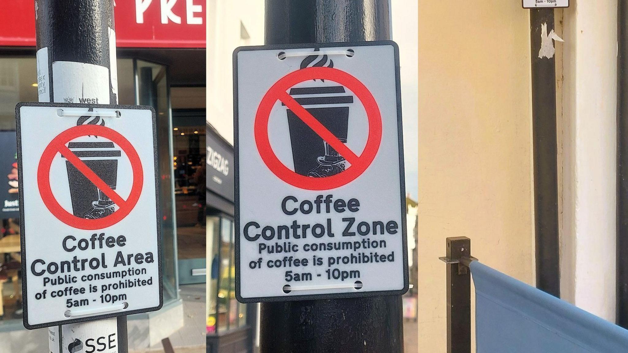 A joke sign reads: Coffee control area. Public consumption of coffee is prohibited 5am to 10pm 