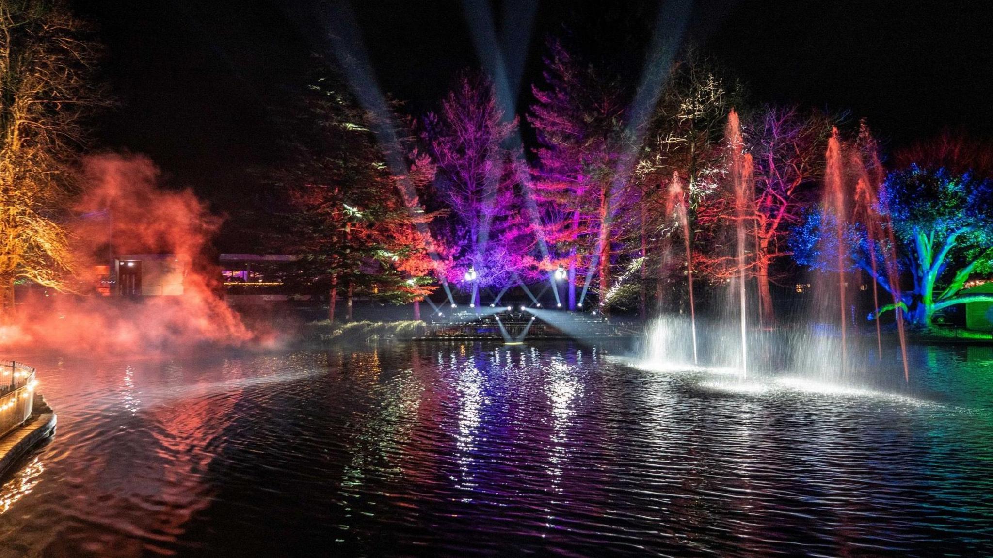 Purple, red and blue lights are shining onto trees. There is a pond with water fountains spraying into the air.