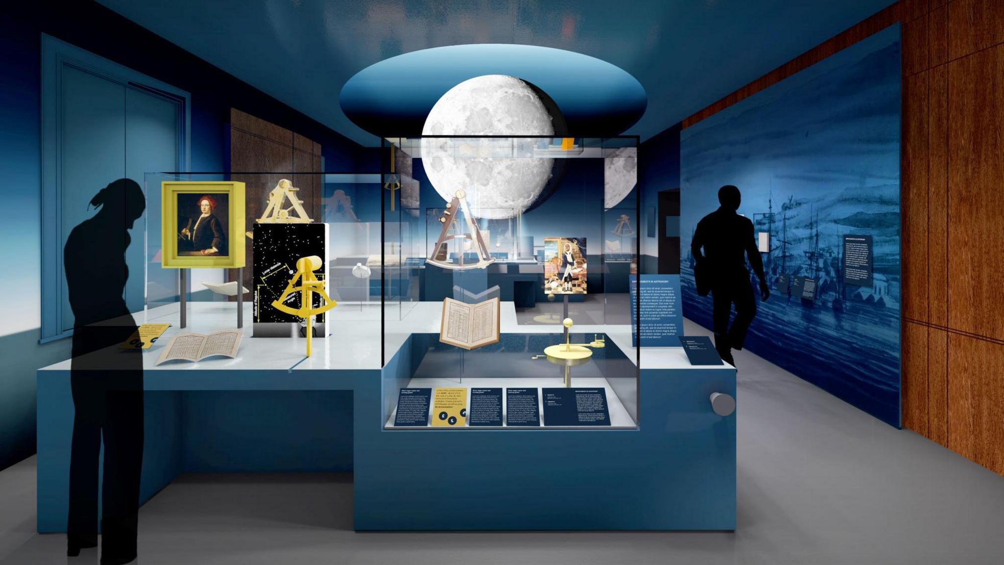 An artist's impression of the interior of an astronomy exhibit, with a glowing moon at the centre surrounded by exhibits. The walls are blue and display paintings. Exhibits include astronomical equipment and photographs. Two figures are looking at the exhibits.