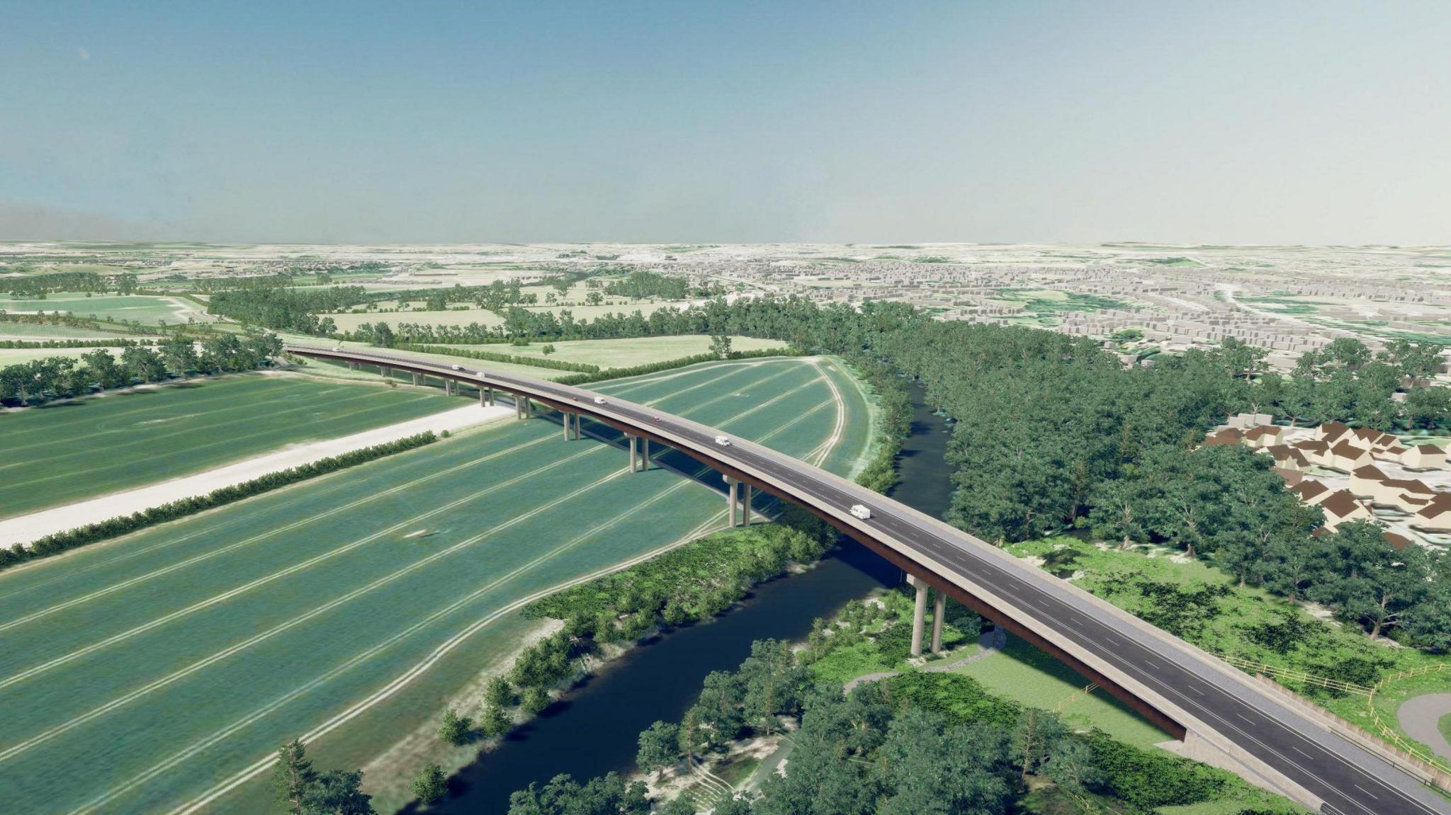 A computer generated image of a single carriageway bridging over a river and farm fields, with trees and houses in the background.